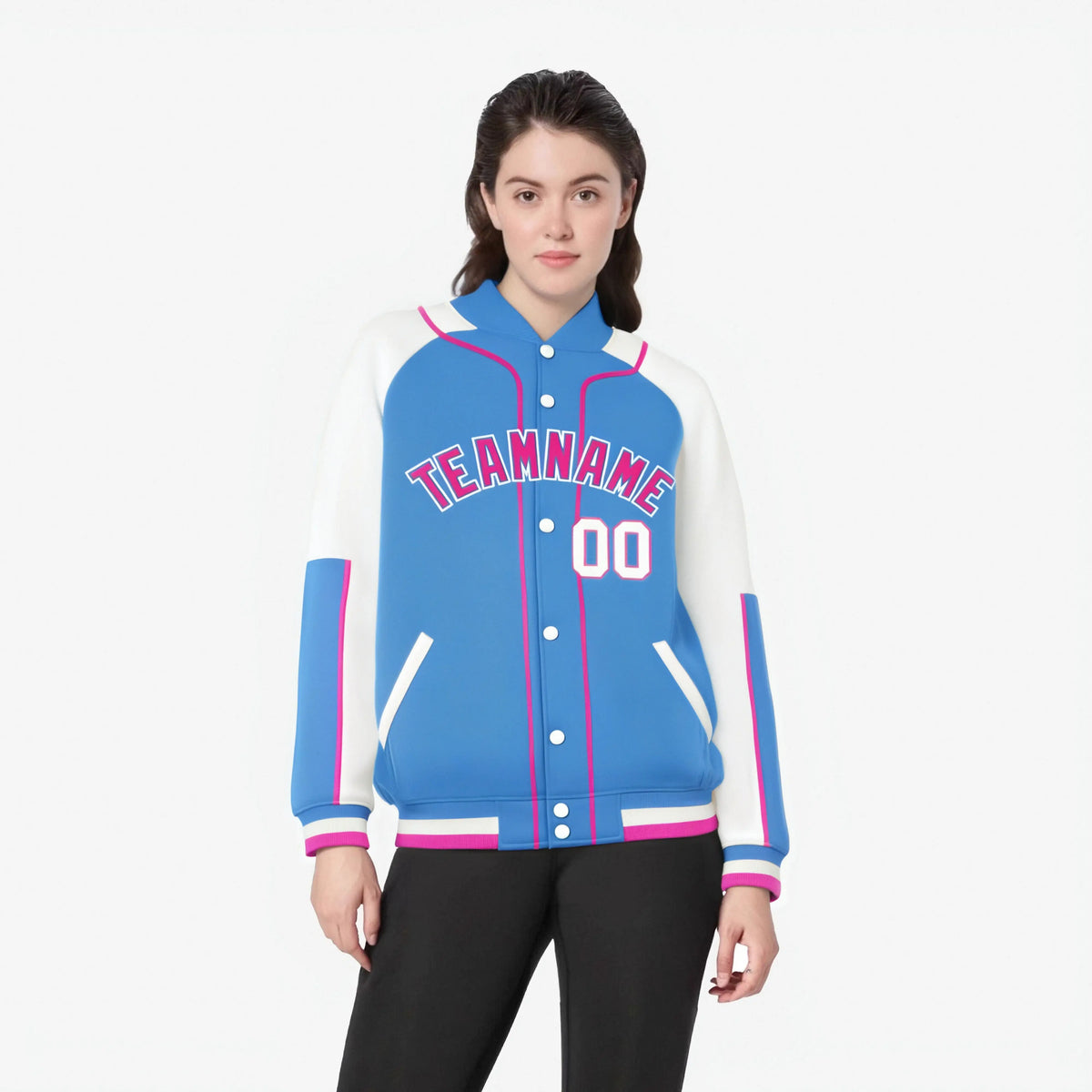 Custom Powder Blue White-Powder Blue Varsity Full-Snap Color Block Letterman Jacket