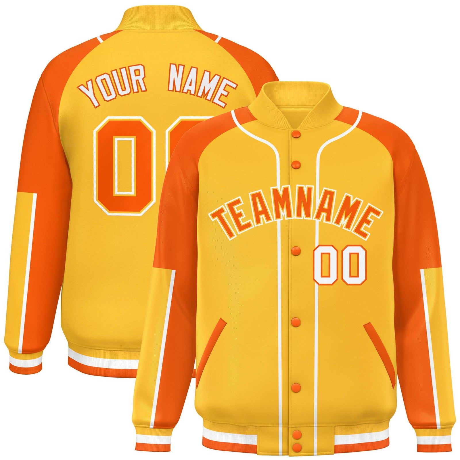 Custom Gold Blue Orange-Gold Varsity Full-Snap Color Block Letterman Jacket