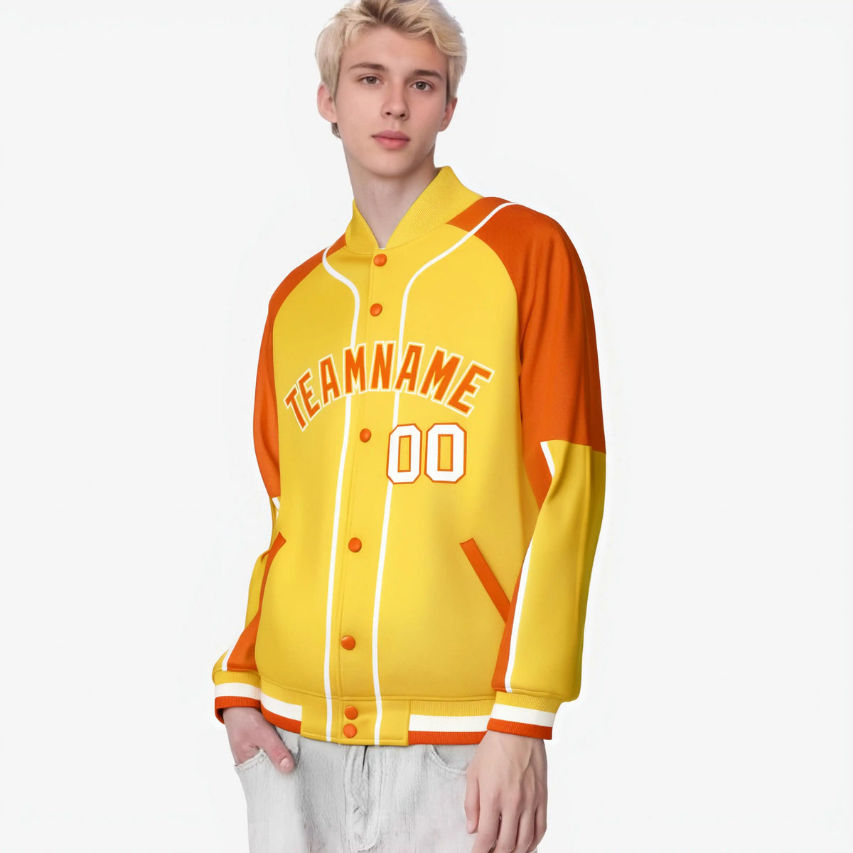 Custom Gold Blue Orange-Gold Varsity Full-Snap Color Block Letterman Jacket