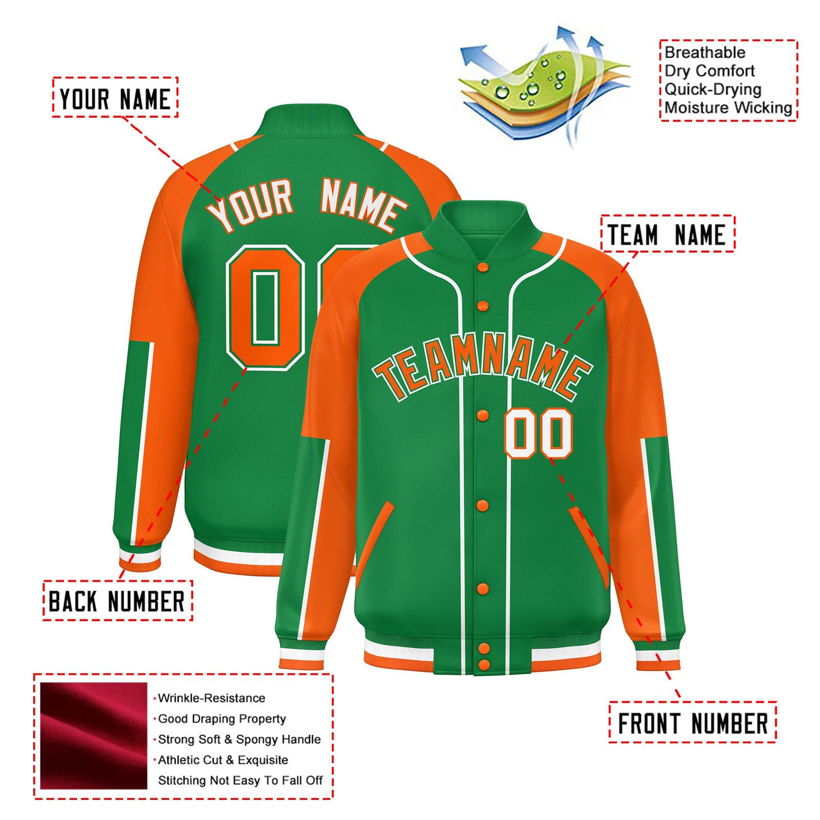 Custom Kelly Green Orange-Kelly Green Varsity Full-Snap Color Block Letterman Jacket