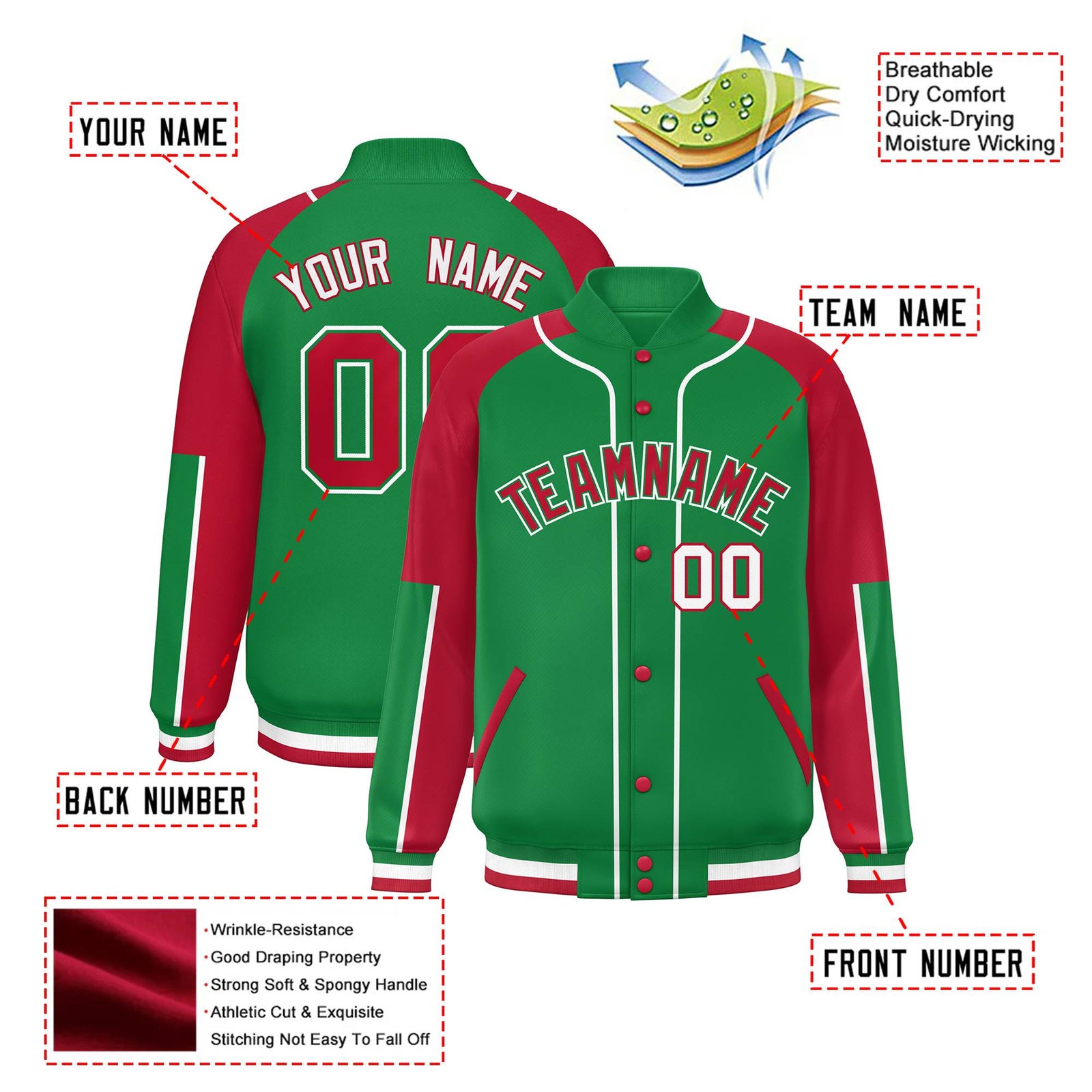 Custom Kelly Green Red-Kelly Green Varsity Full-Snap Color Block Letterman Jacket
