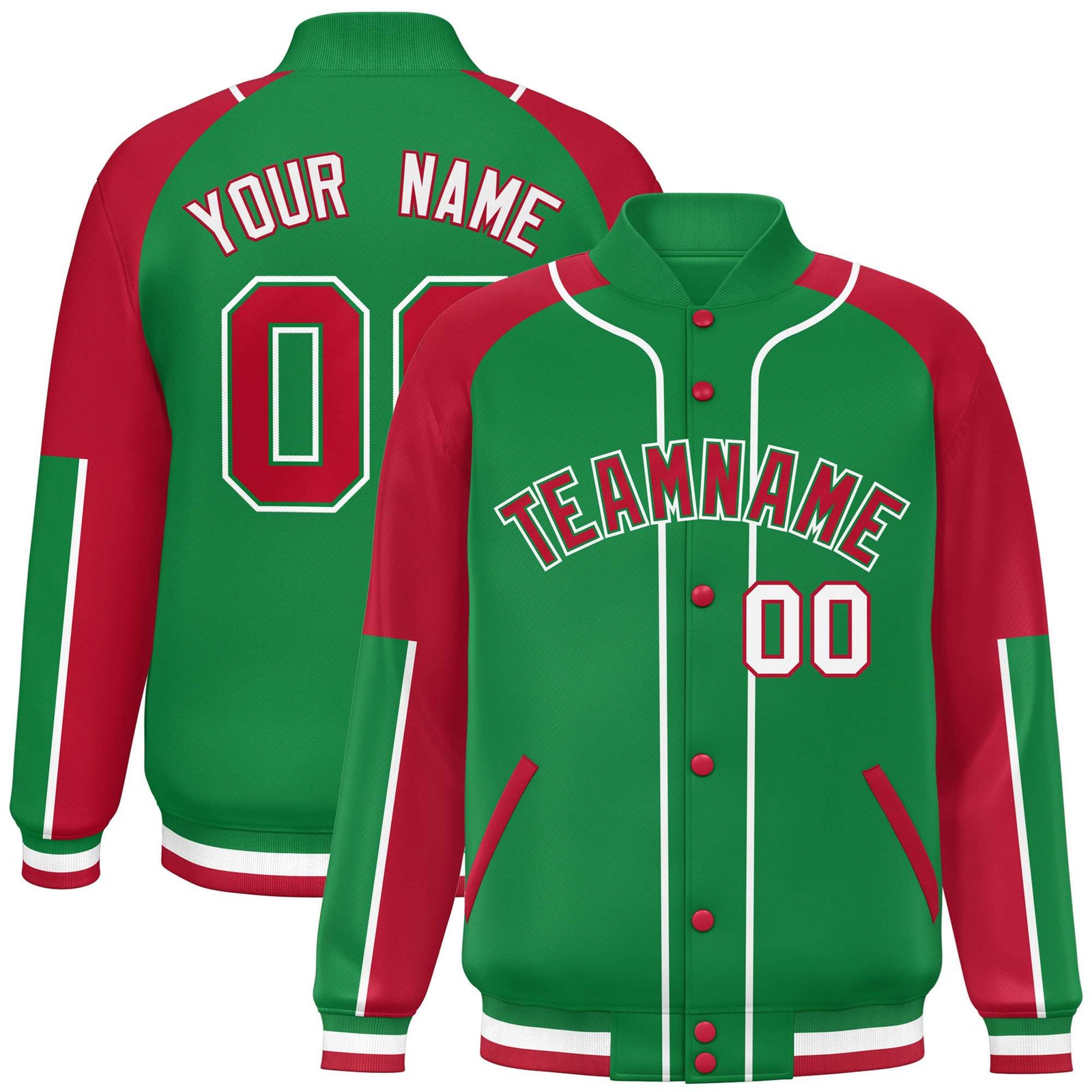 Custom Kelly Green Red-Kelly Green Varsity Full-Snap Color Block Letterman Jacket