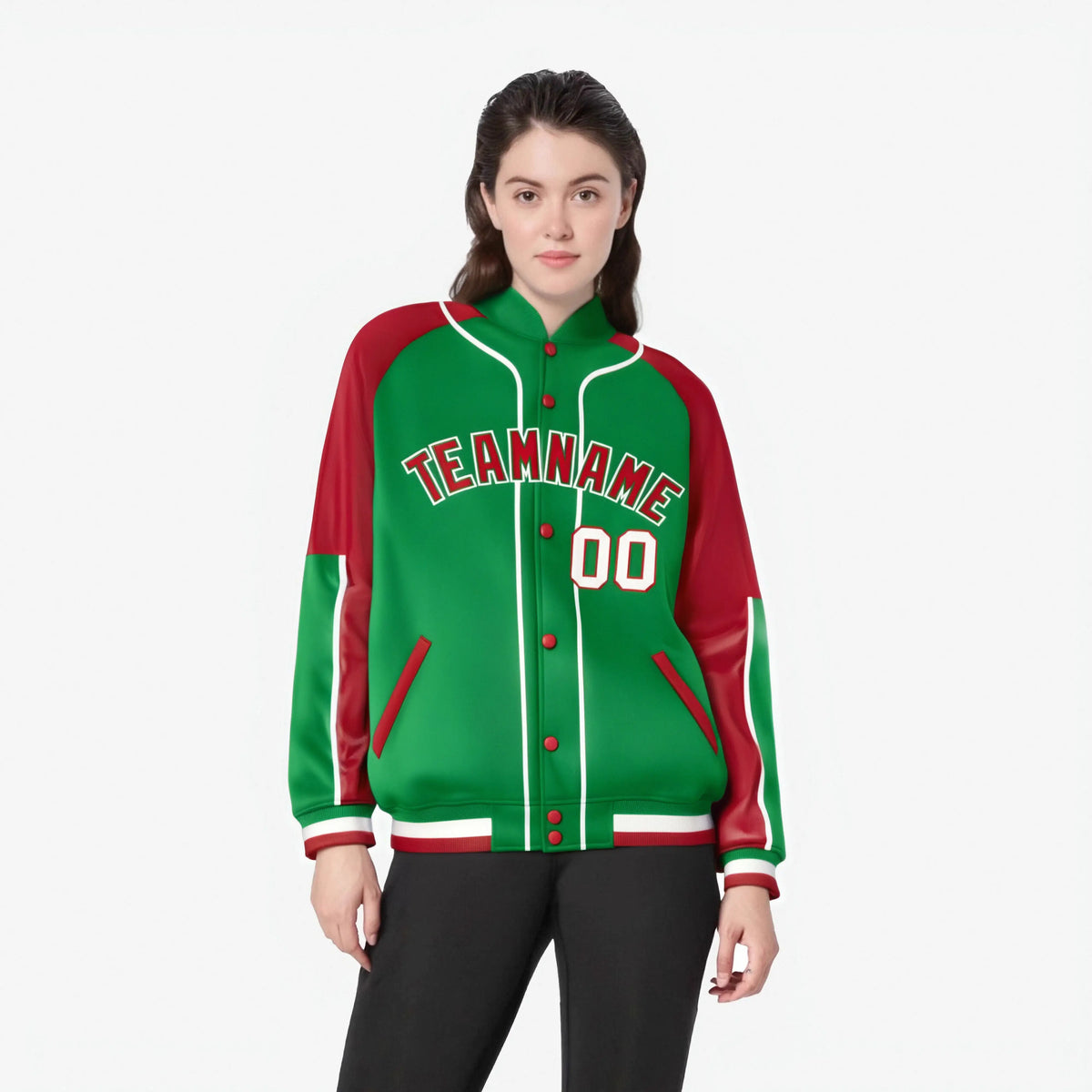 Custom Kelly Green Red-Kelly Green Varsity Full-Snap Color Block Letterman Jacket
