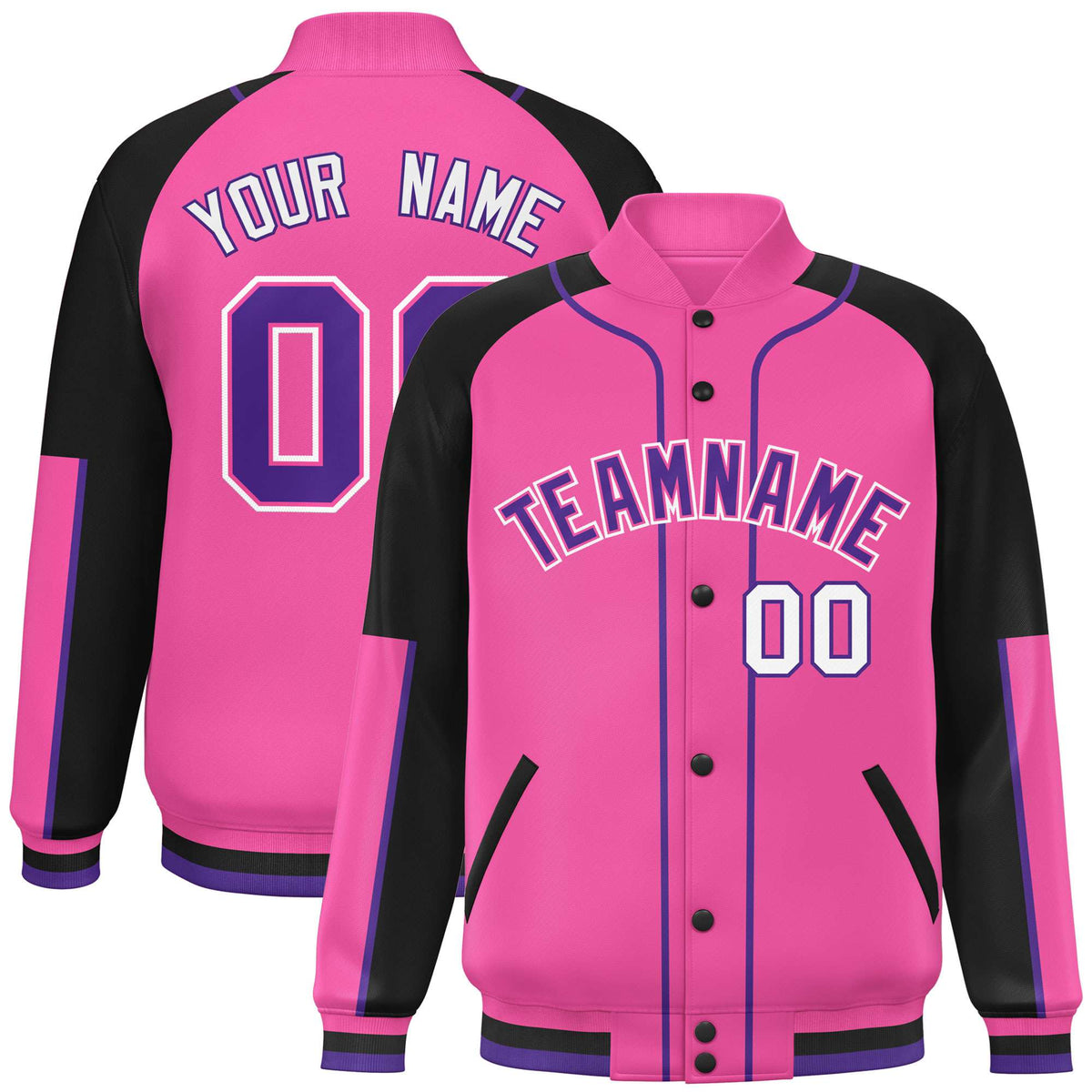 Custom Pink Black-Pink Varsity Full-Snap Color Block Letterman Jacket