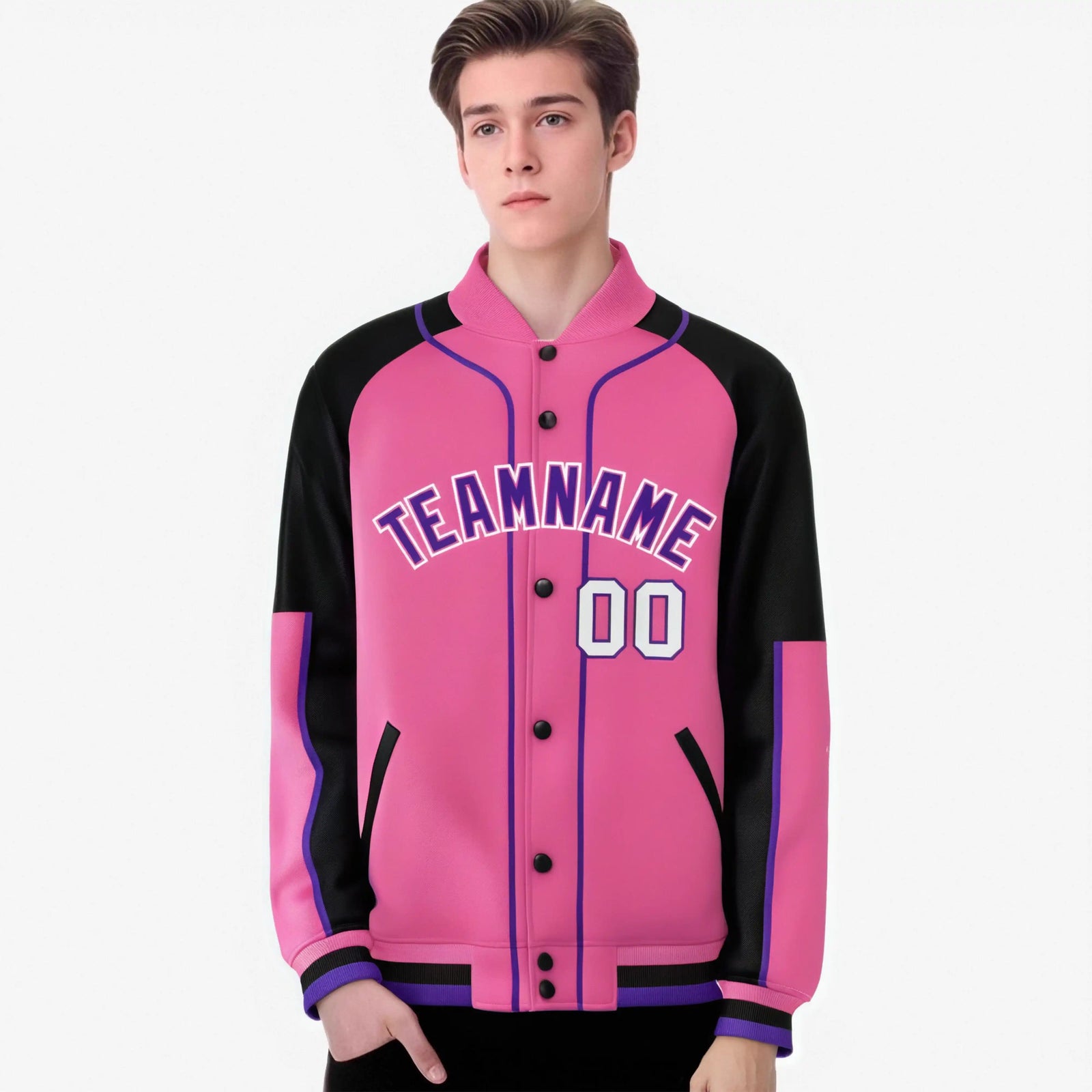 Custom Pink Black-Pink Varsity Full-Snap Color Block Letterman Jacket