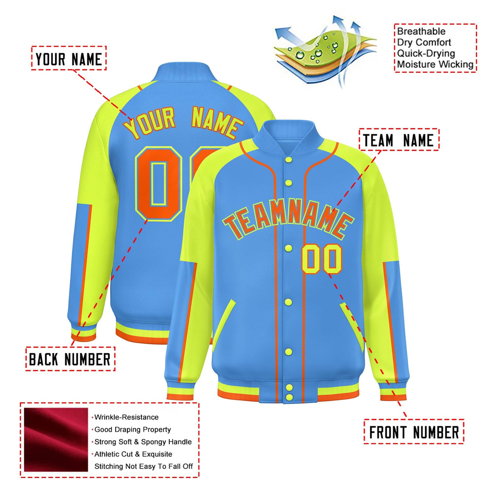 Custom Powder Blue Fluorescent Green-Powder Blue Varsity Full-Snap Color Block Letterman Jacket