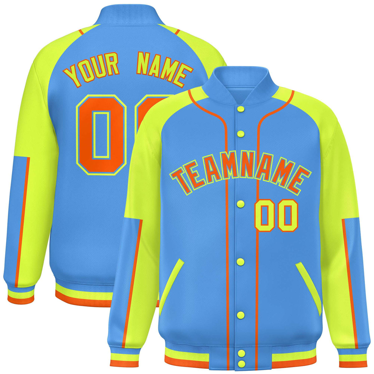 Custom Powder Blue Fluorescent Green-Powder Blue Varsity Full-Snap Color Block Letterman Jacket