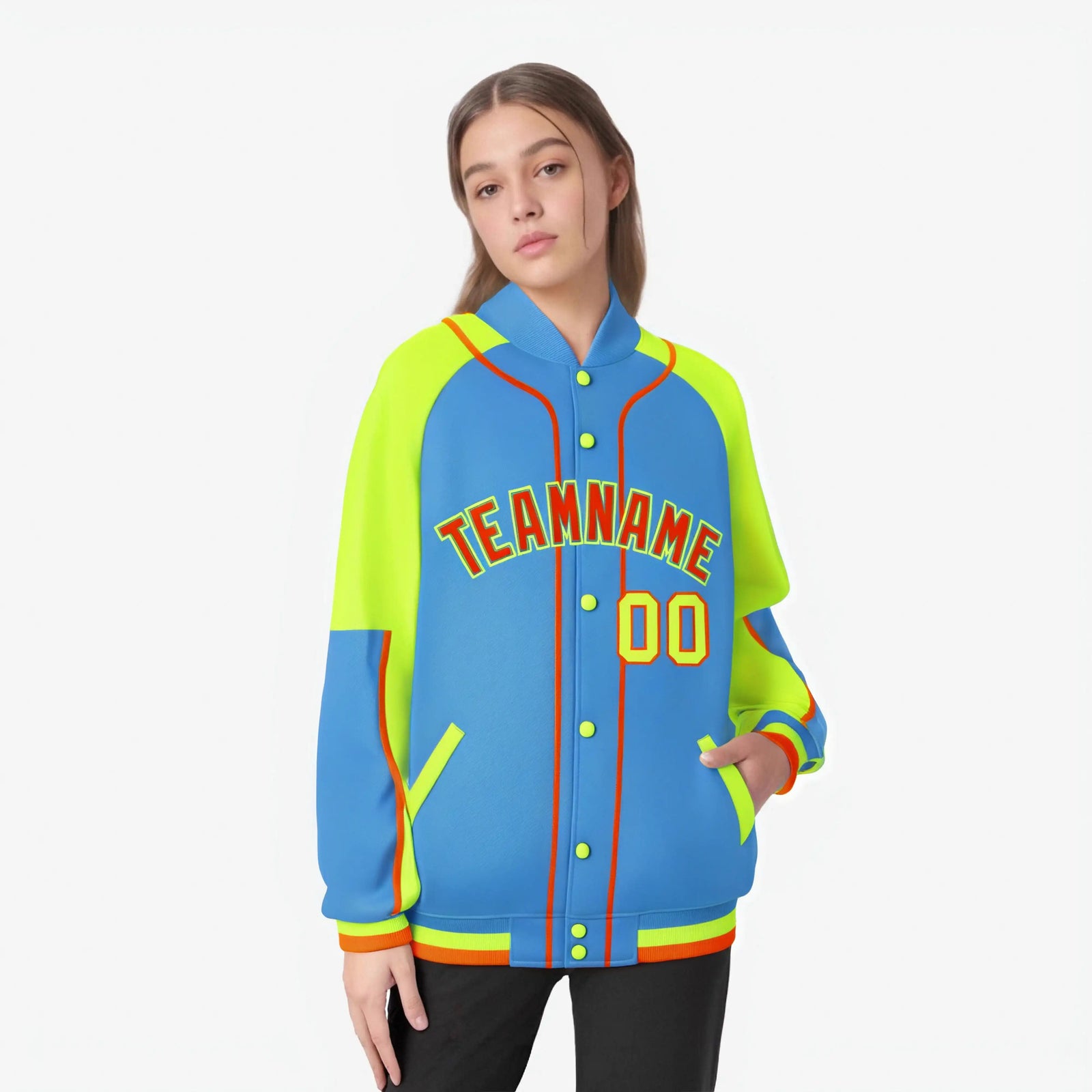Custom Powder Blue Fluorescent Green-Powder Blue Varsity Full-Snap Color Block Letterman Jacket