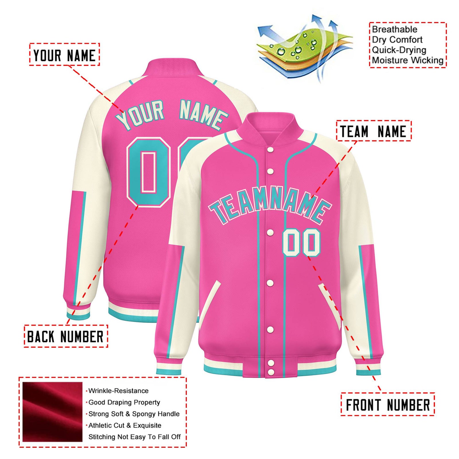 Custom Pink Cream-Pink Varsity Full-Snap Color Block Letterman Jacket