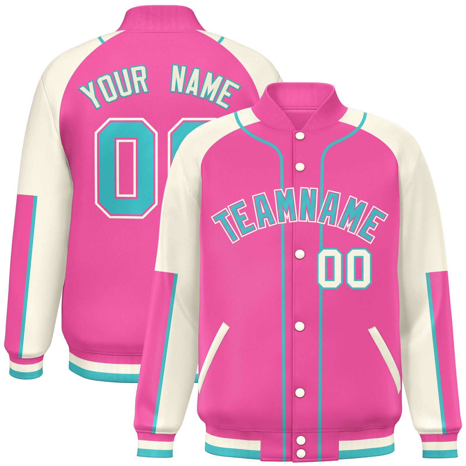 Custom Pink Cream-Pink Varsity Full-Snap Color Block Letterman Jacket