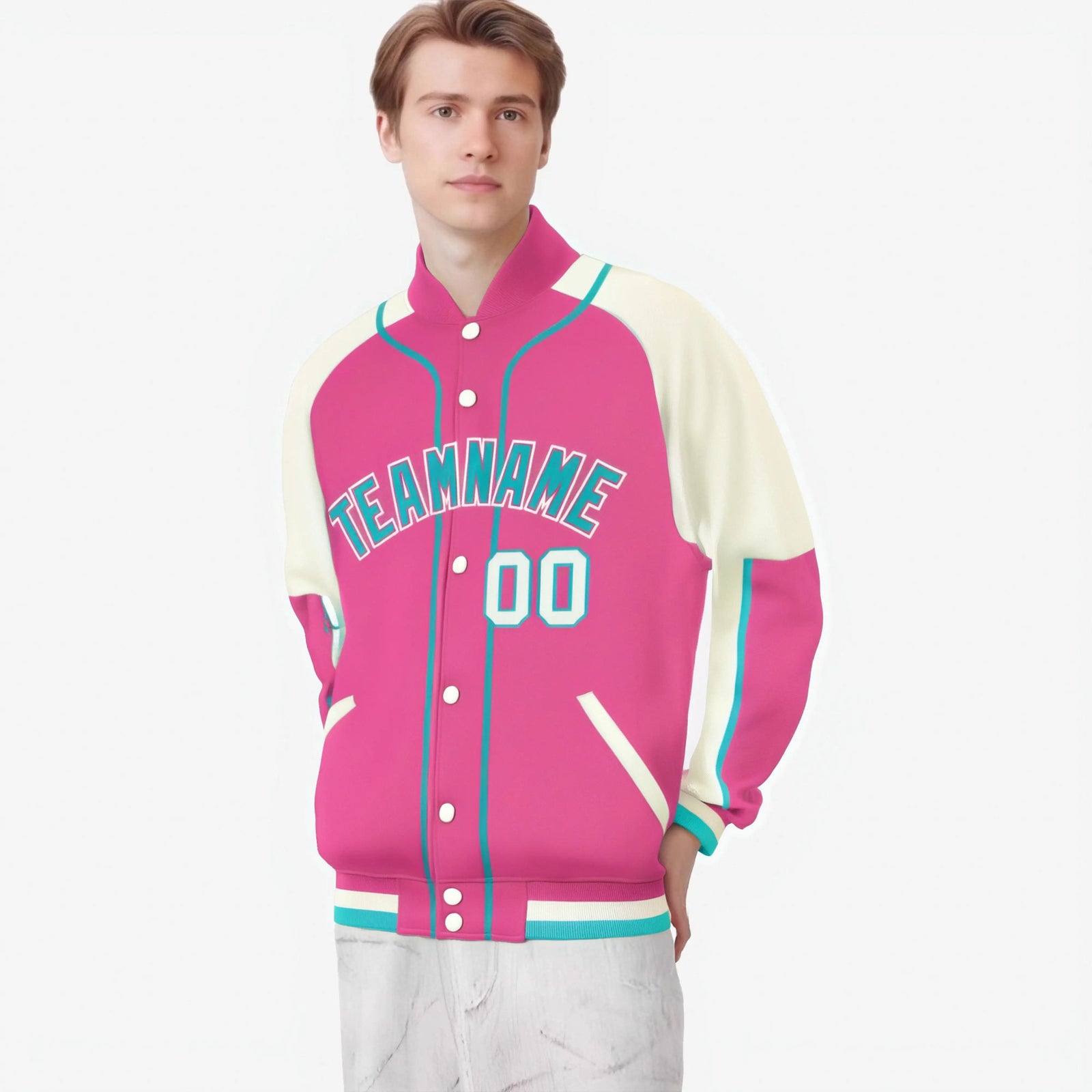 Custom Pink Cream-Pink Varsity Full-Snap Color Block Letterman Jacket