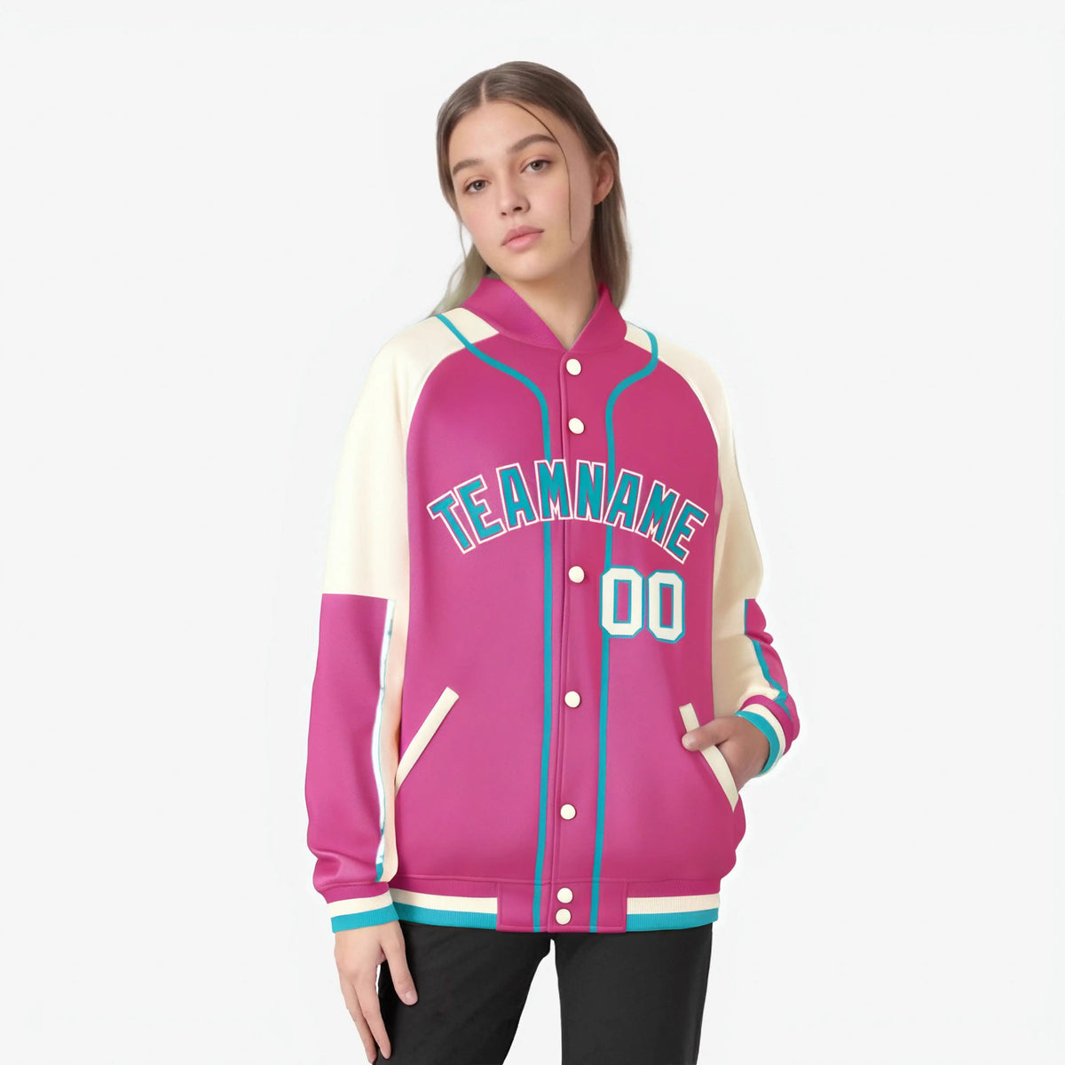 Custom Pink Cream-Pink Varsity Full-Snap Color Block Letterman Jacket