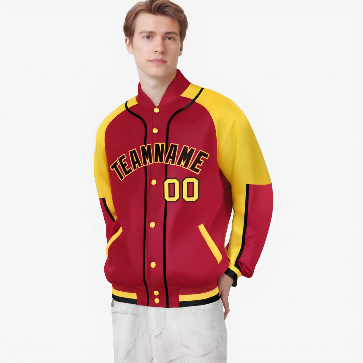 Custom Red Yellow-Red Varsity Full-Snap Color Block Letterman Jacket