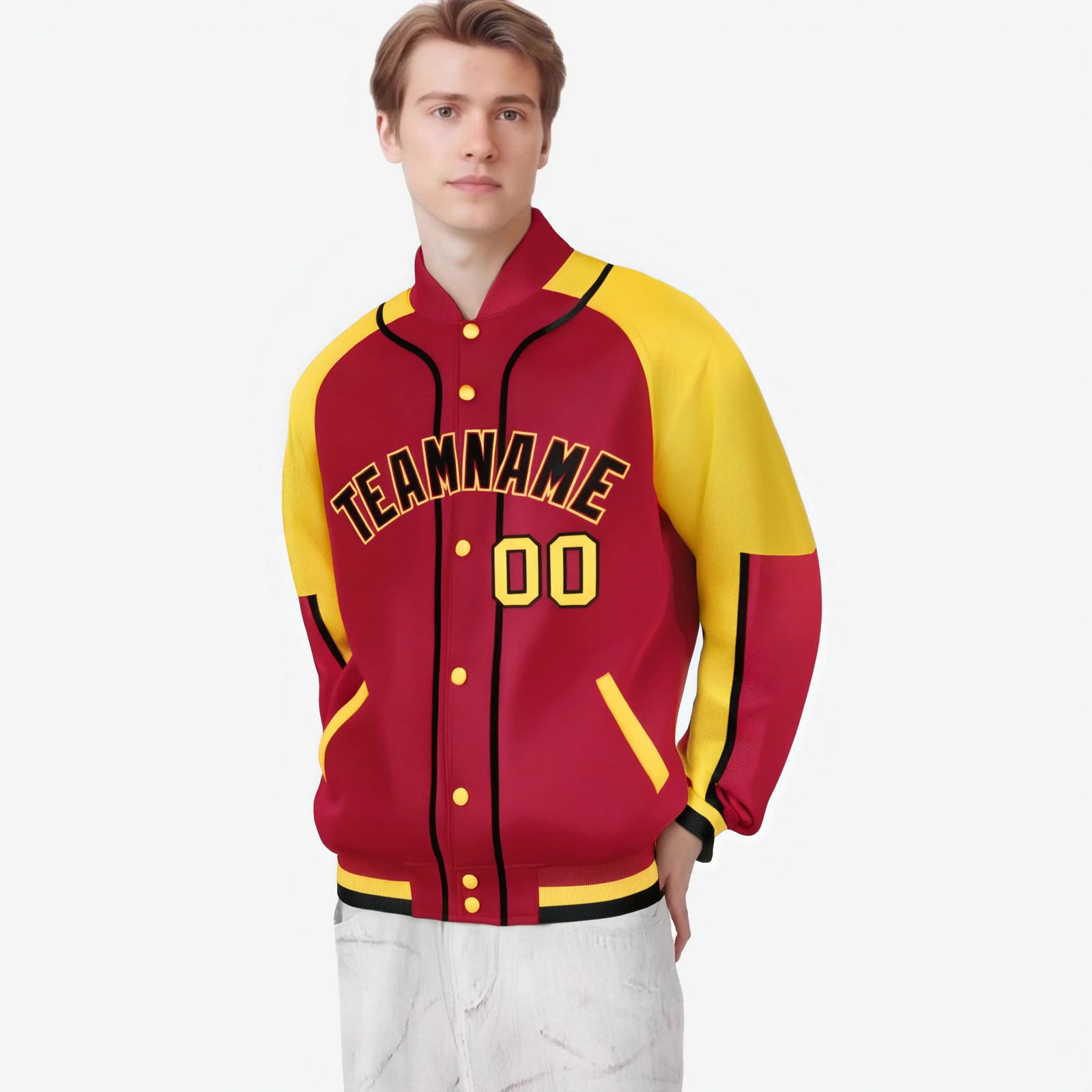 Custom Red Yellow-Red Varsity Full-Snap Color Block Letterman Jacket
