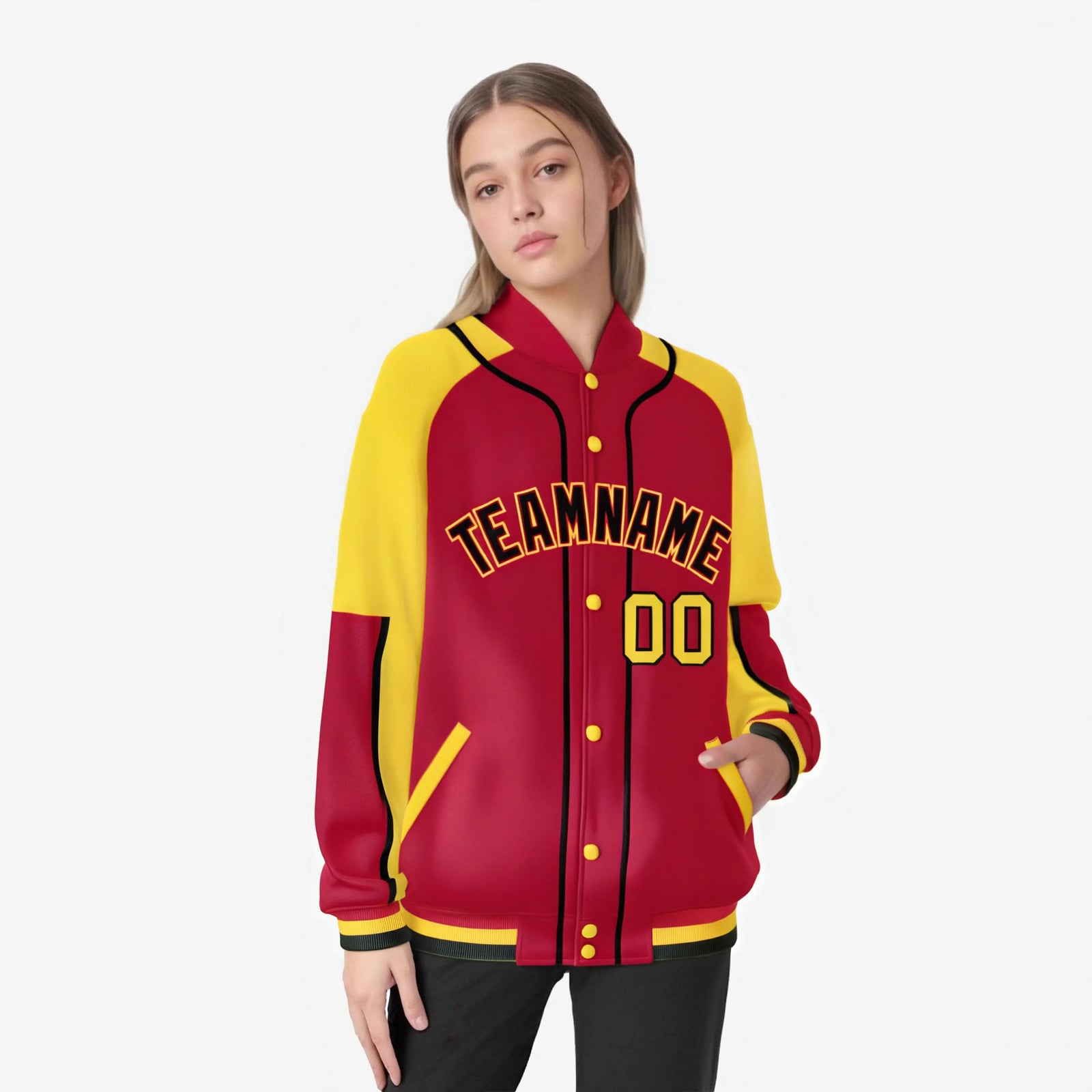 Custom Red Yellow-Red Varsity Full-Snap Color Block Letterman Jacket
