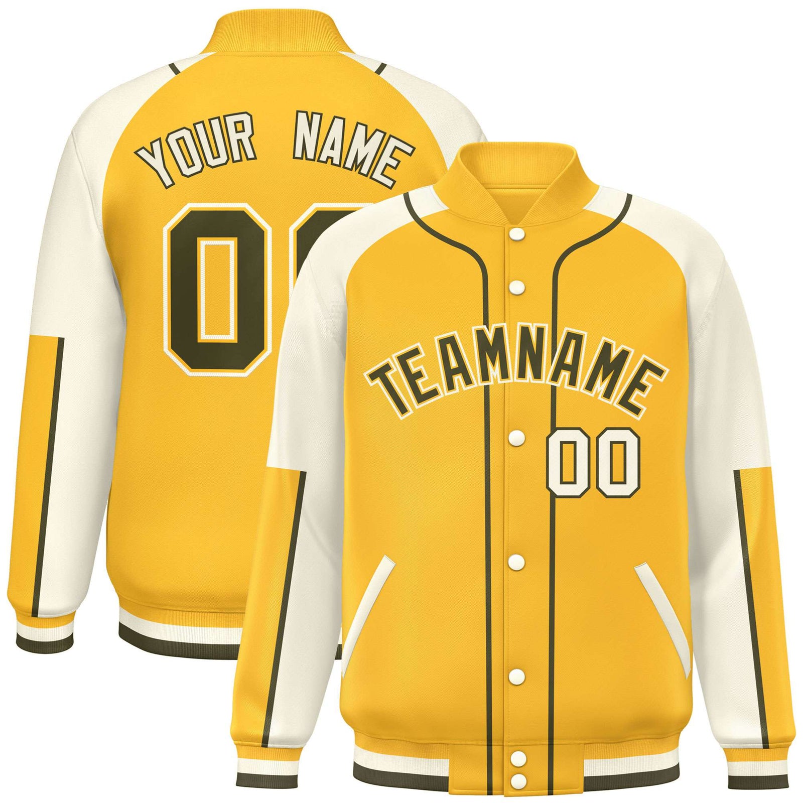 Custom Gold Cream-Gold Varsity Full-Snap Color Block Letterman Jacket