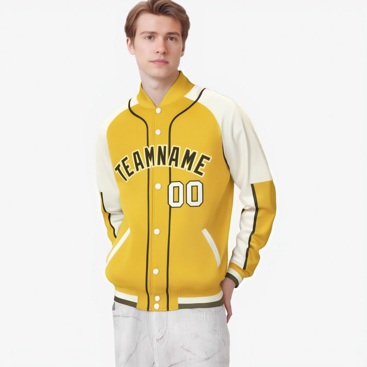 Custom Gold Cream-Gold Varsity Full-Snap Color Block Letterman Jacket