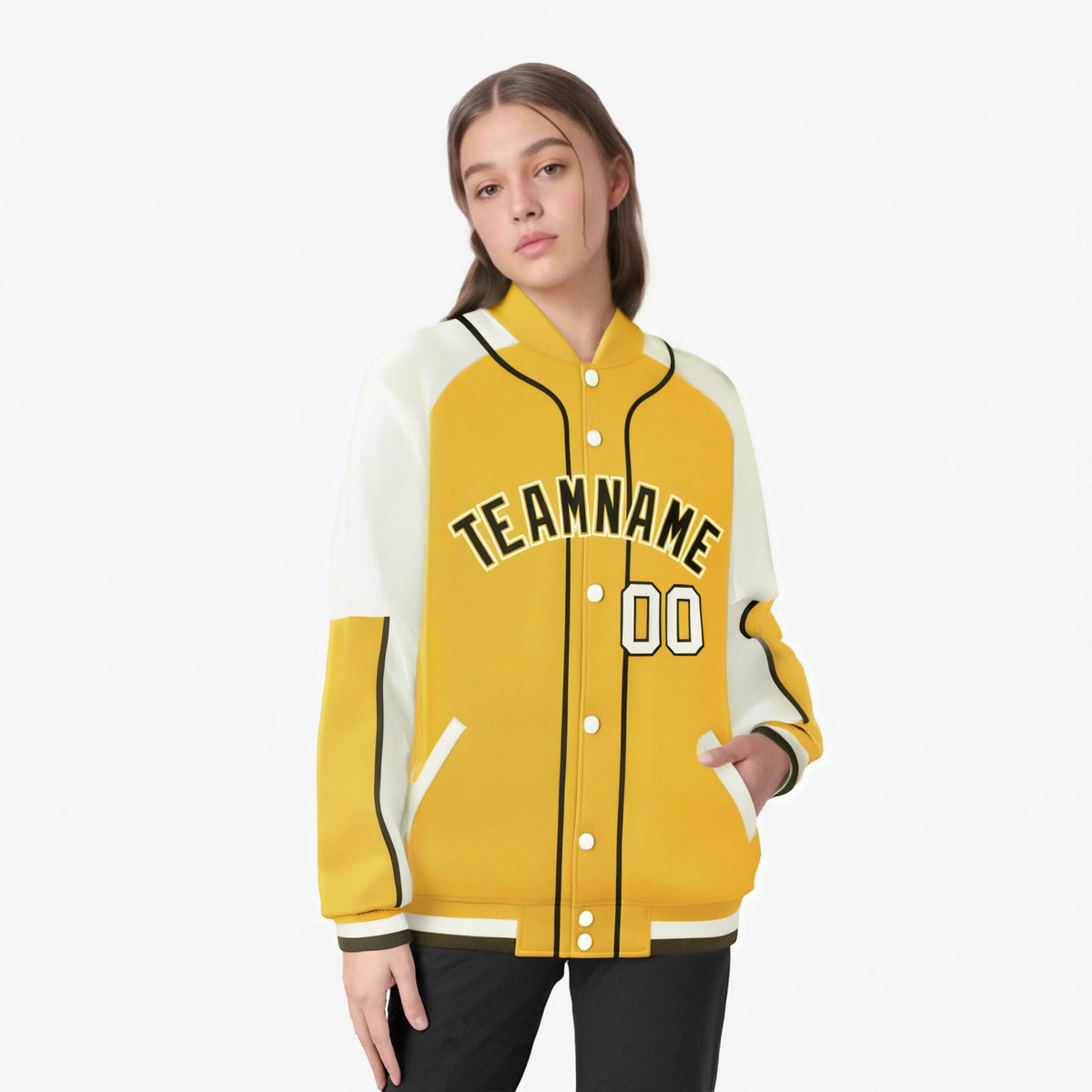 Custom Gold Cream-Gold Varsity Full-Snap Color Block Letterman Jacket