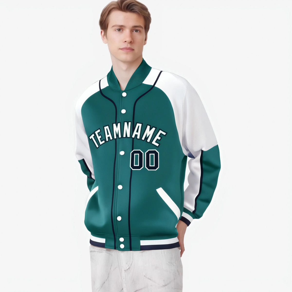 Custom Aqua White-Aqua Varsity Full-Snap Color Block Letterman Jacket