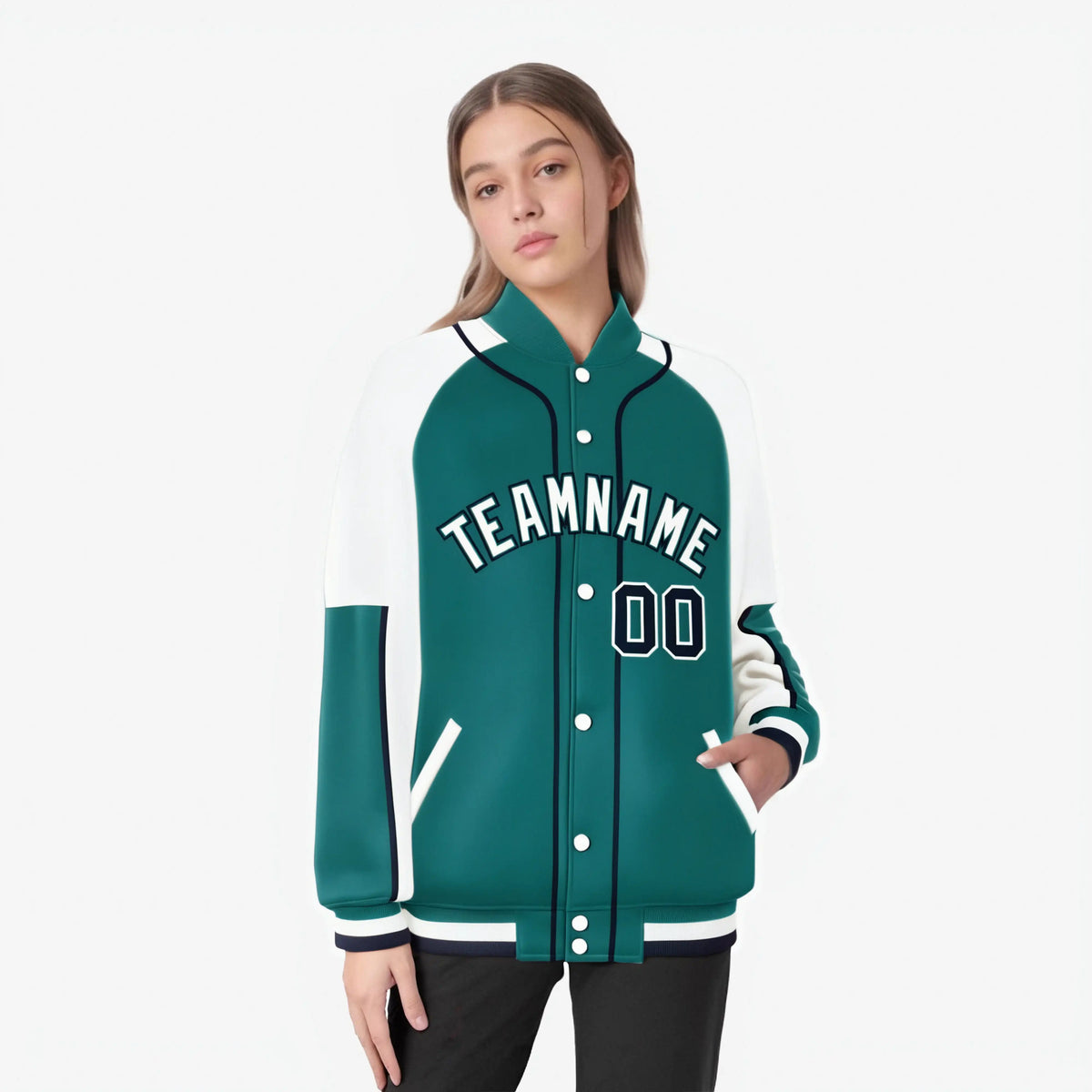 Custom Aqua White-Aqua Varsity Full-Snap Color Block Letterman Jacket