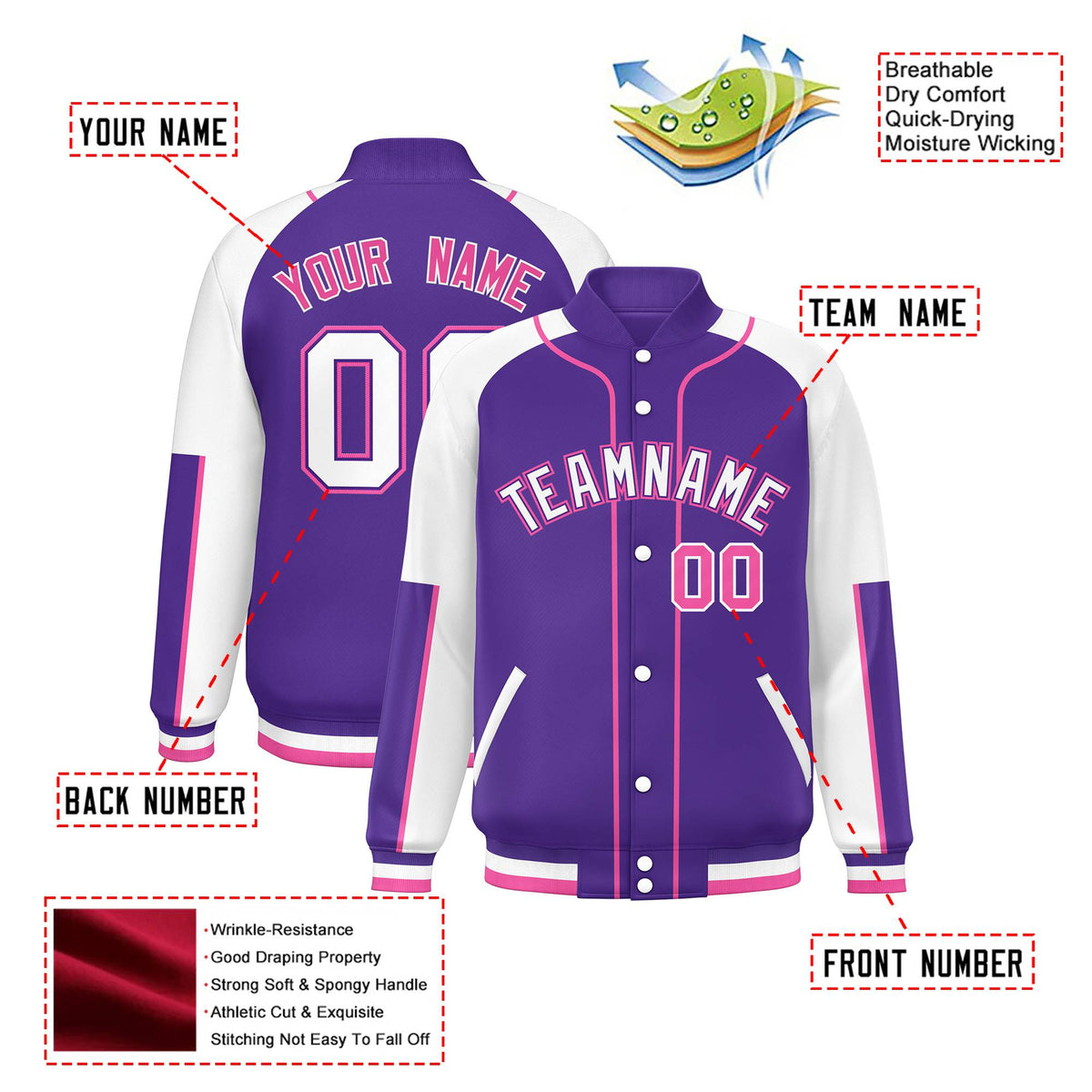Custom Purple White-Purple Varsity Full-Snap Color Block Letterman Jacket