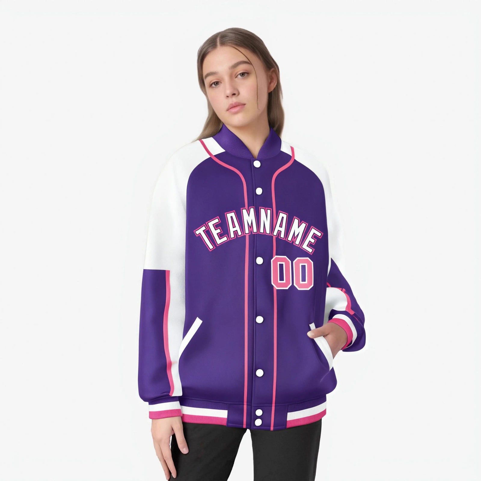 Custom Purple White-Purple Varsity Full-Snap Color Block Letterman Jacket