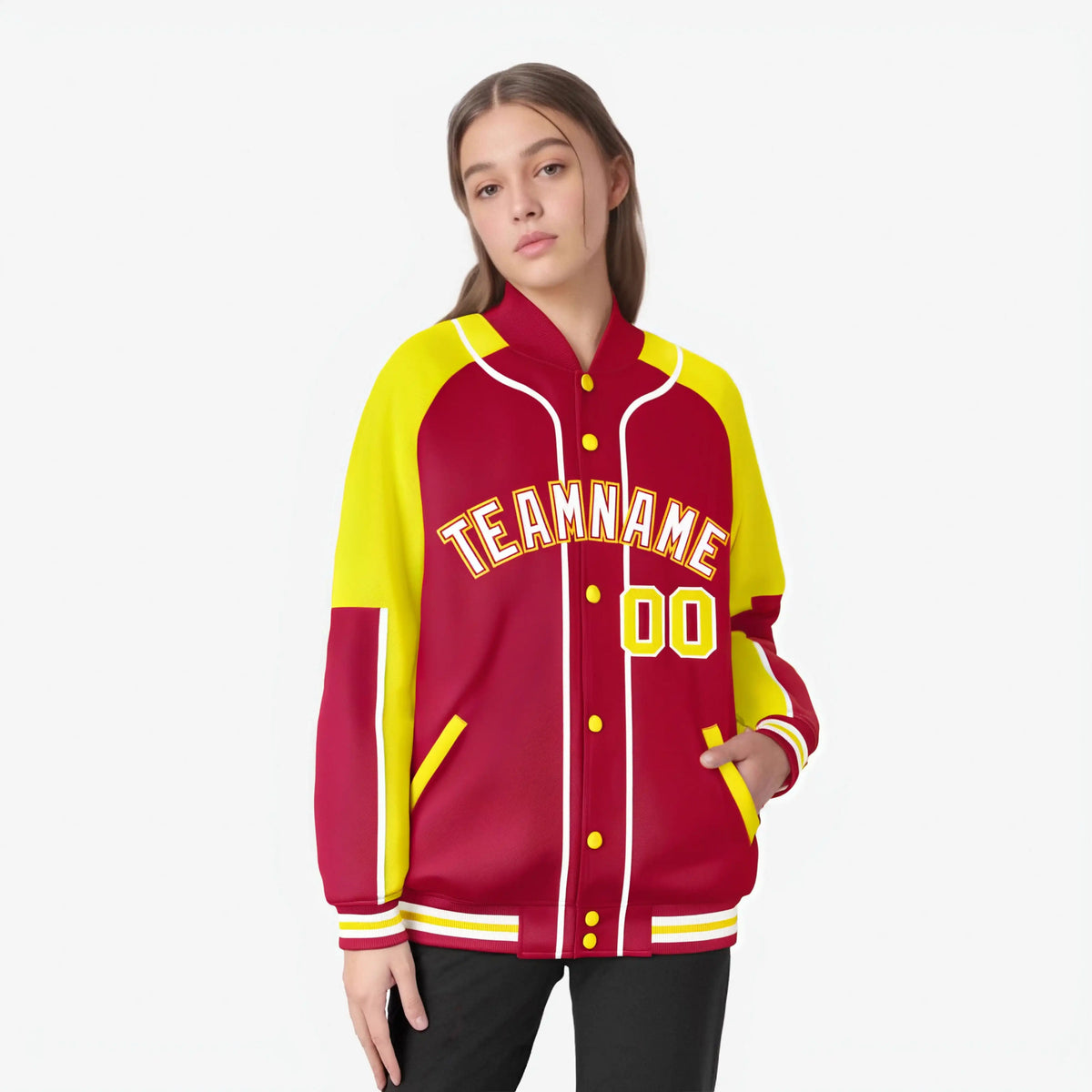 Custom Red Gold-Red Varsity Full-Snap Color Block Letterman Jacket