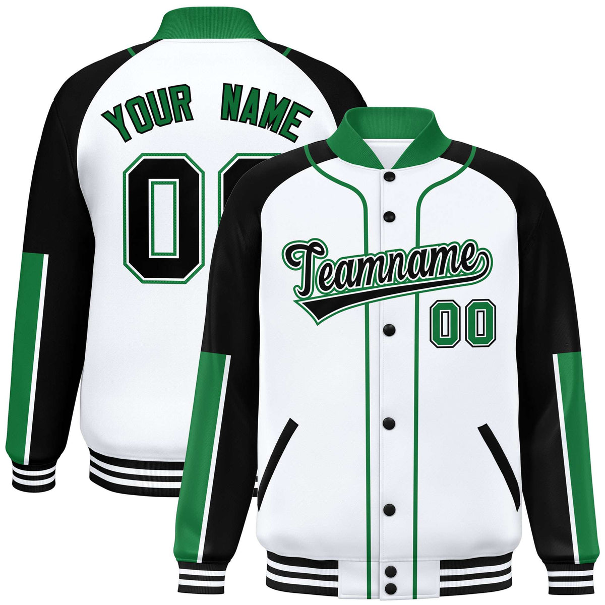 Custom White Black-Kelly Green Varsity Full-Snap Color Block Letterman Jacket