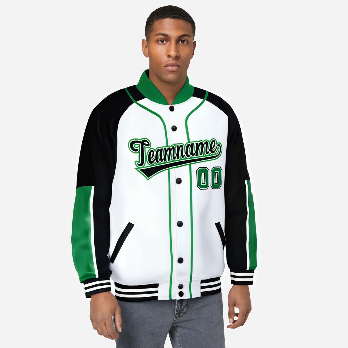 Custom White Black-Kelly Green Varsity Full-Snap Color Block Letterman Jacket