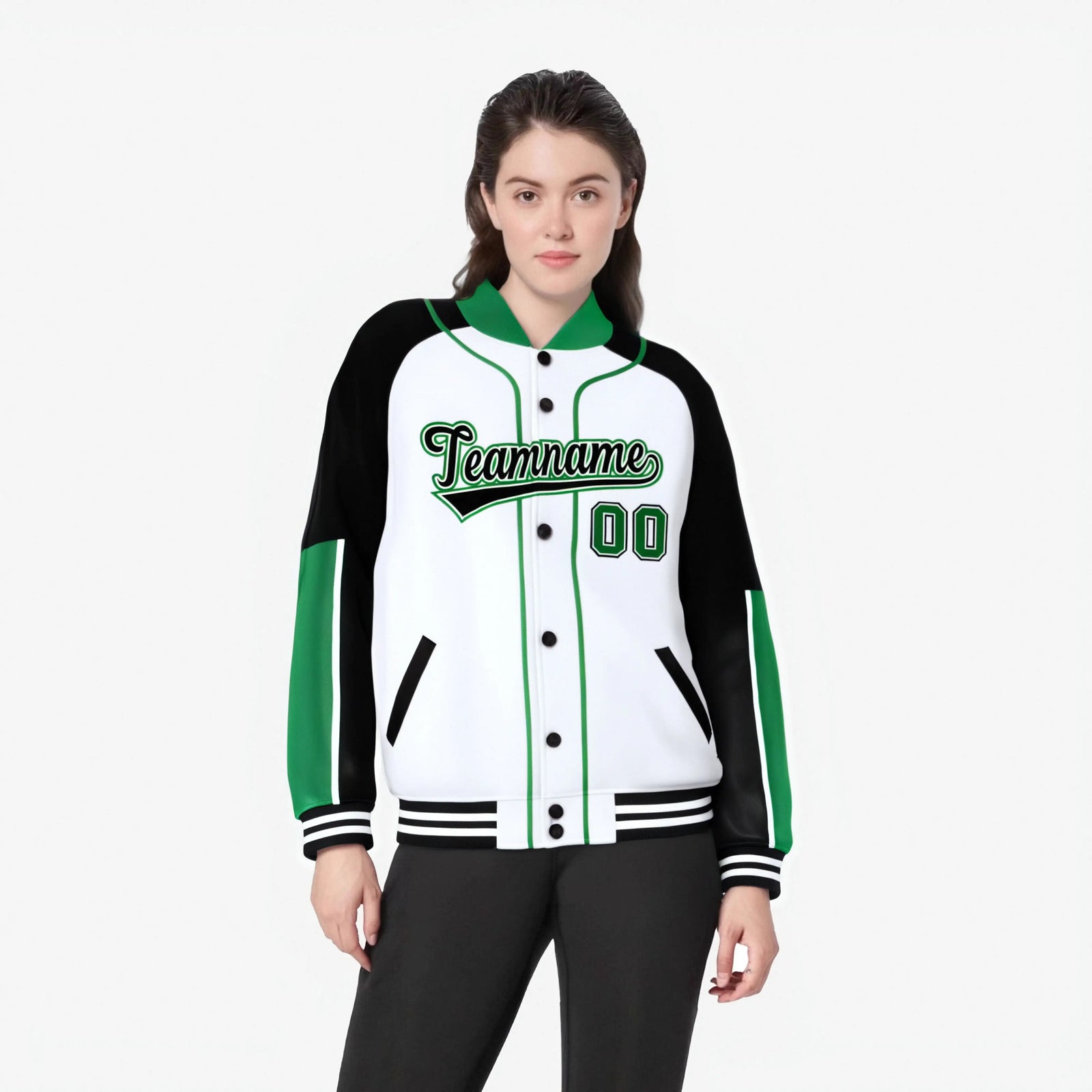 Custom White Black-Kelly Green Varsity Full-Snap Color Block Letterman Jacket