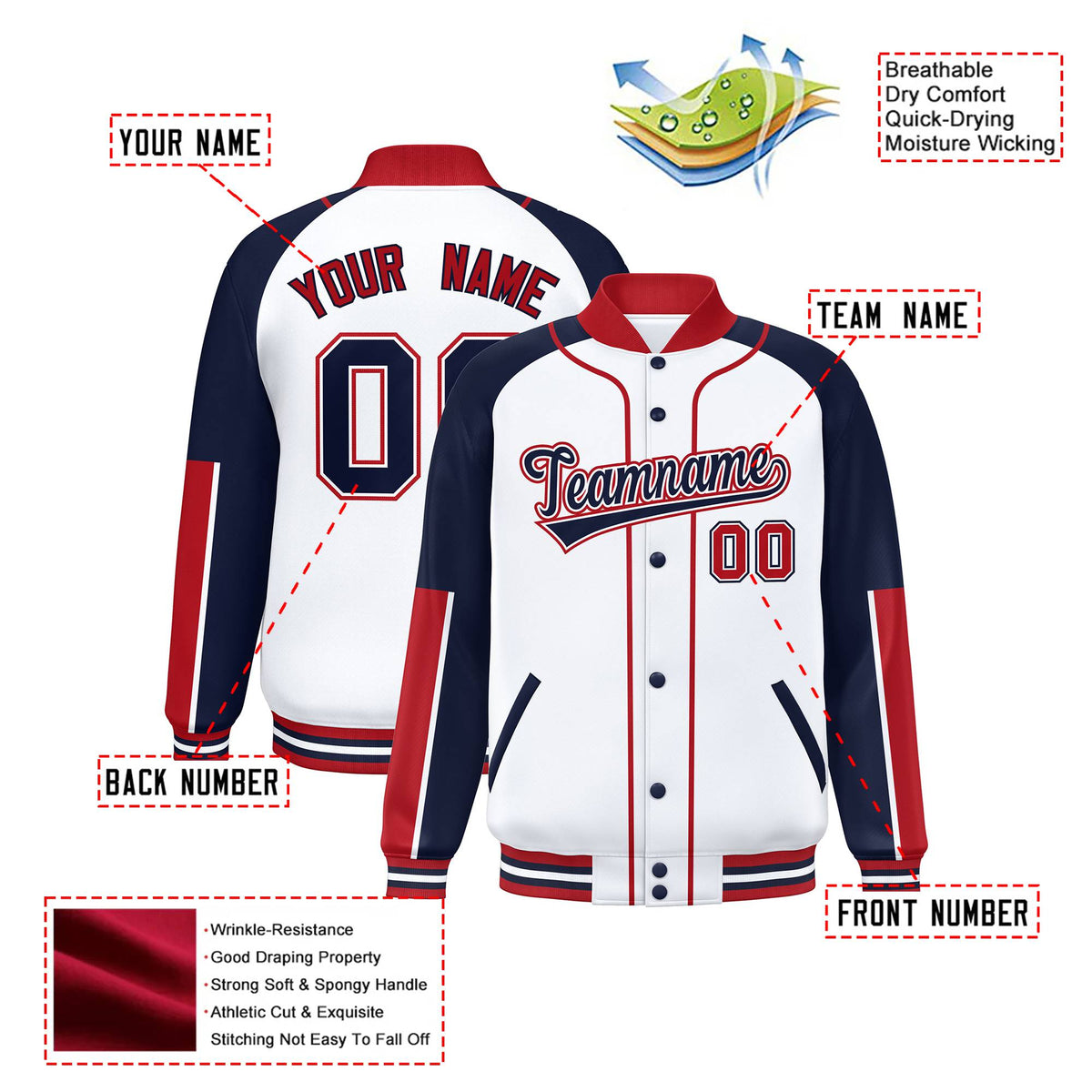 Custom White Navy-Red Varsity Full-Snap Color Block Letterman Jacket