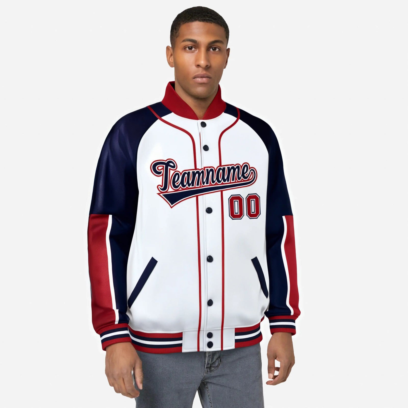 Custom White Navy-Red Varsity Full-Snap Color Block Letterman Jacket