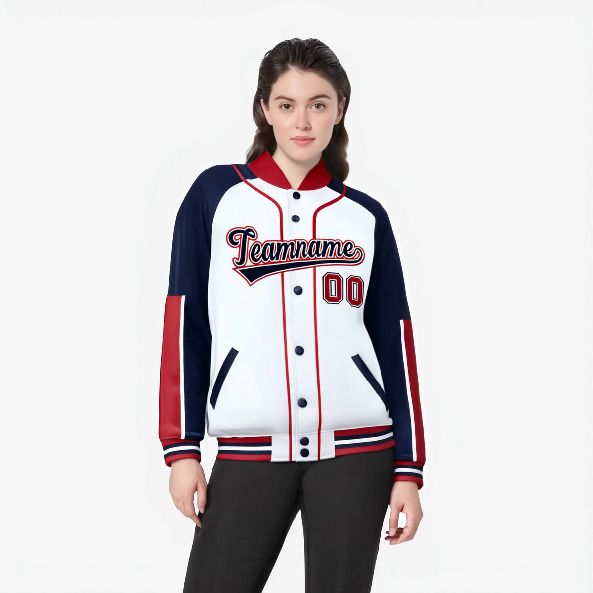 Custom White Navy-Red Varsity Full-Snap Color Block Letterman Jacket