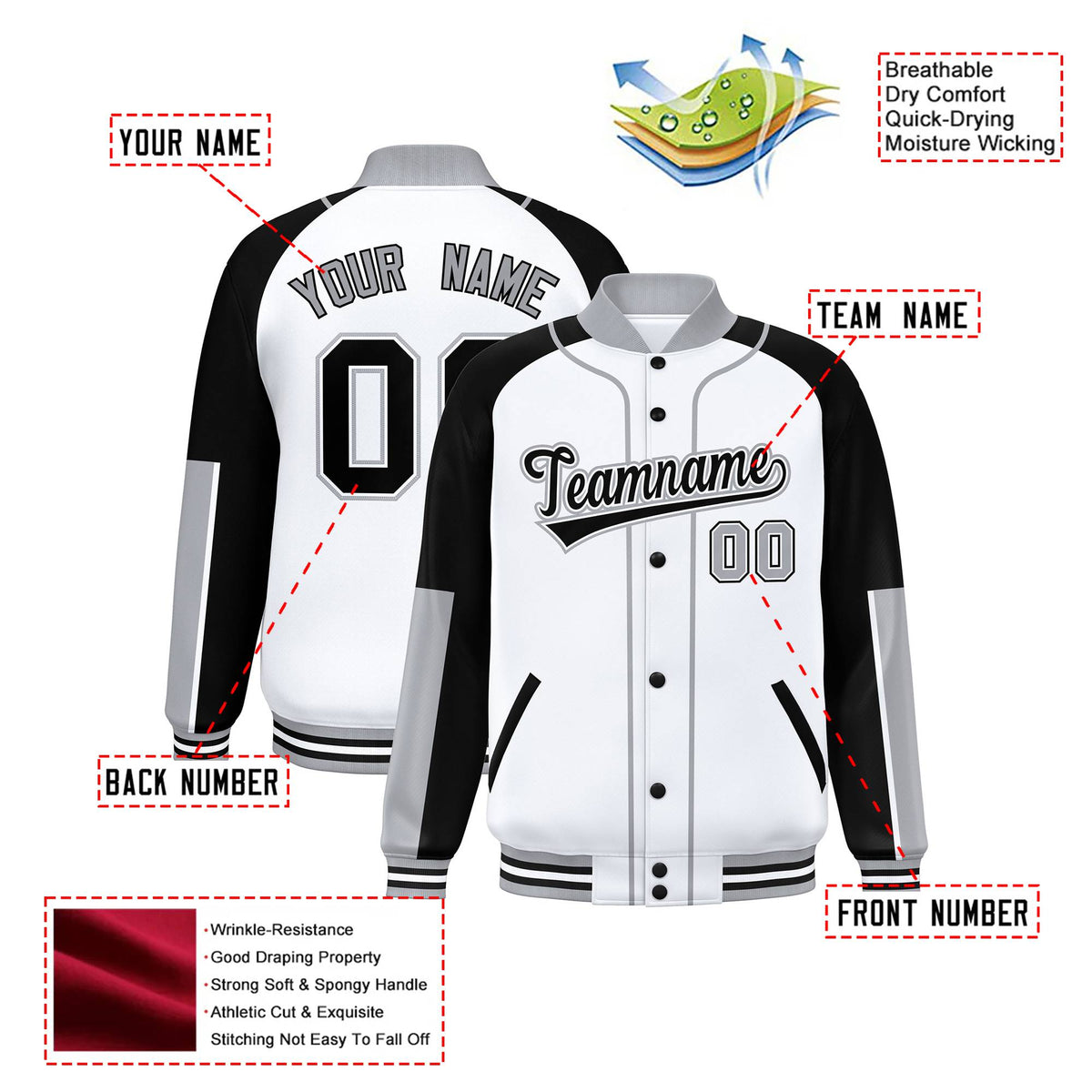 Custom White Black-Gray Varsity Full-Snap Color Block Letterman Jacket