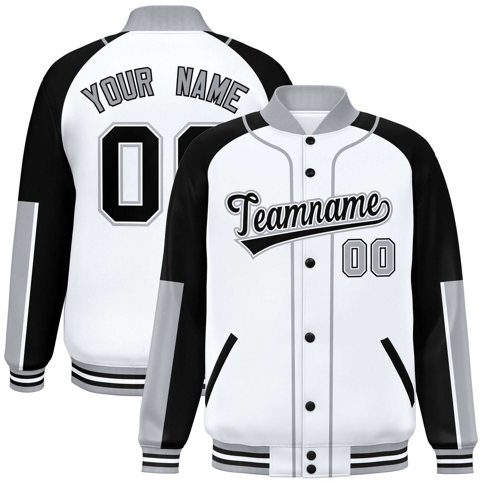 Custom White Black-Gray Varsity Full-Snap Color Block Letterman Jacket