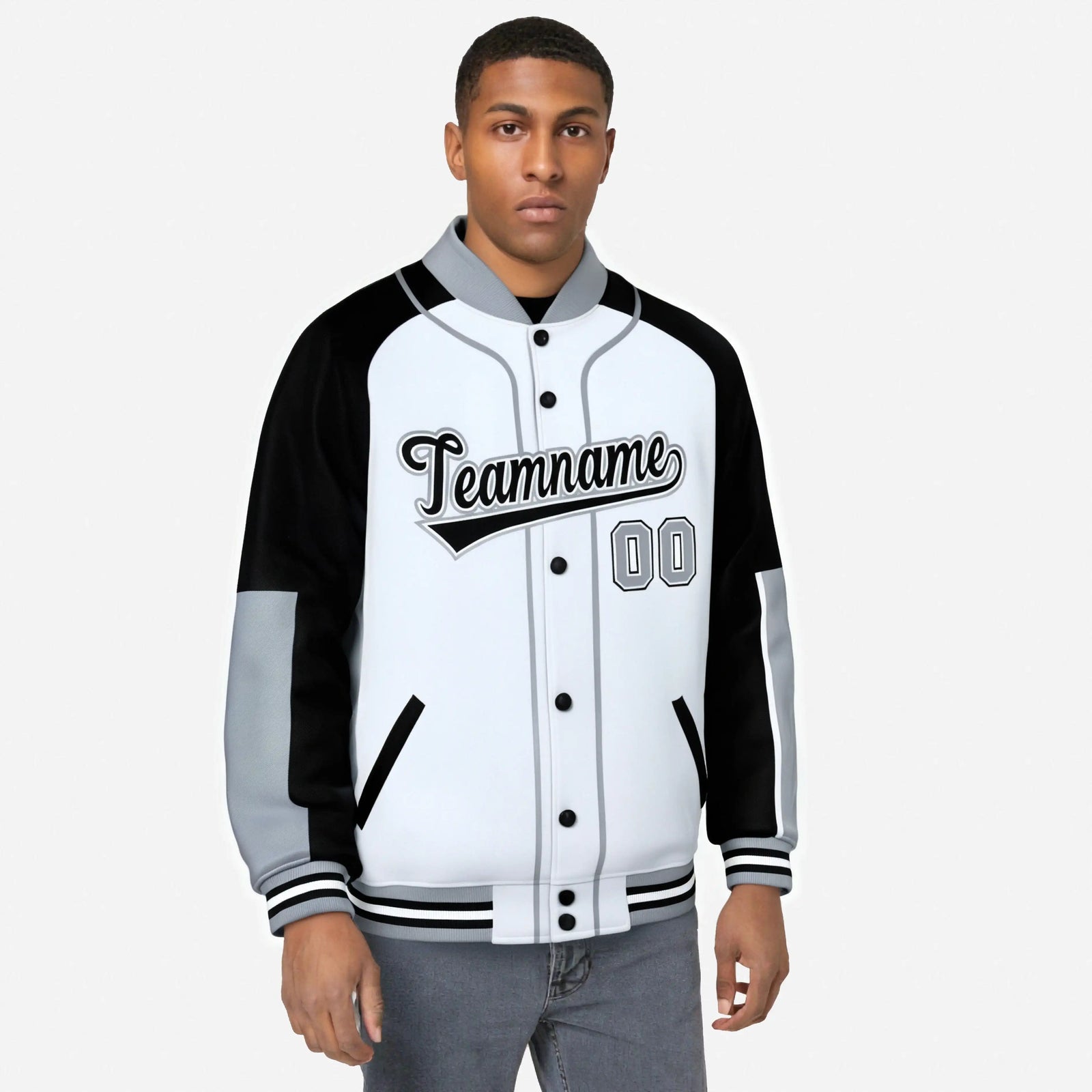 Custom White Black-Gray Varsity Full-Snap Color Block Letterman Jacket