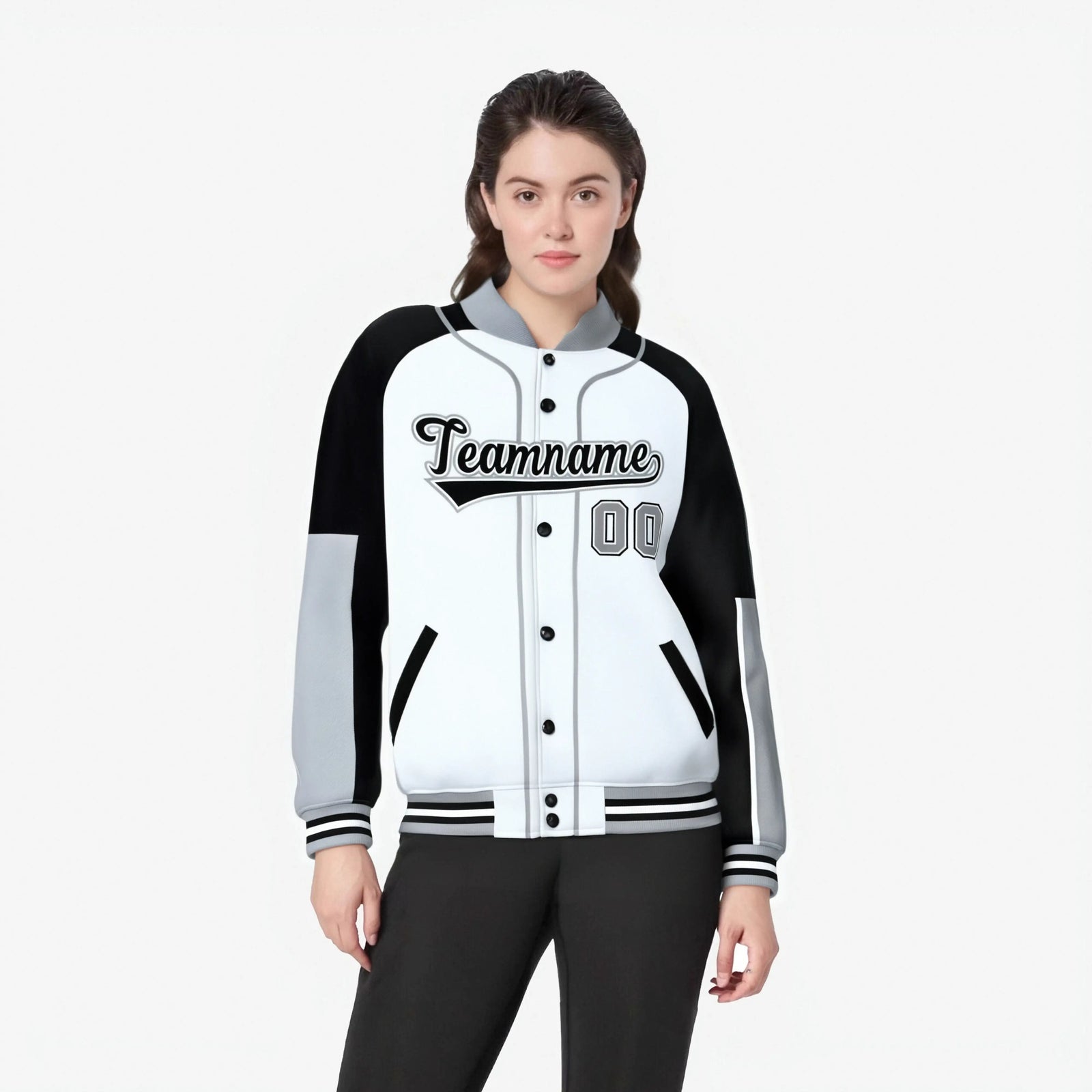 Custom White Black-Gray Varsity Full-Snap Color Block Letterman Jacket