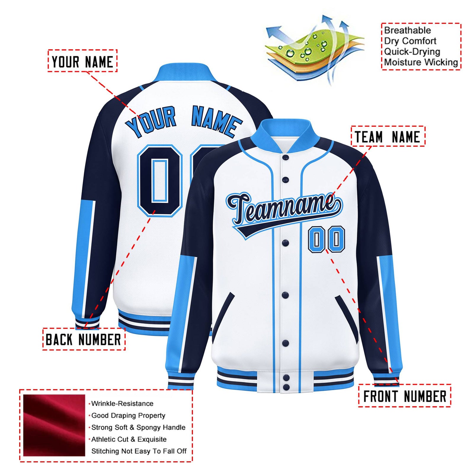 Custom White Navy-Powder Blue Varsity Full-Snap Color Block Letterman Jacket