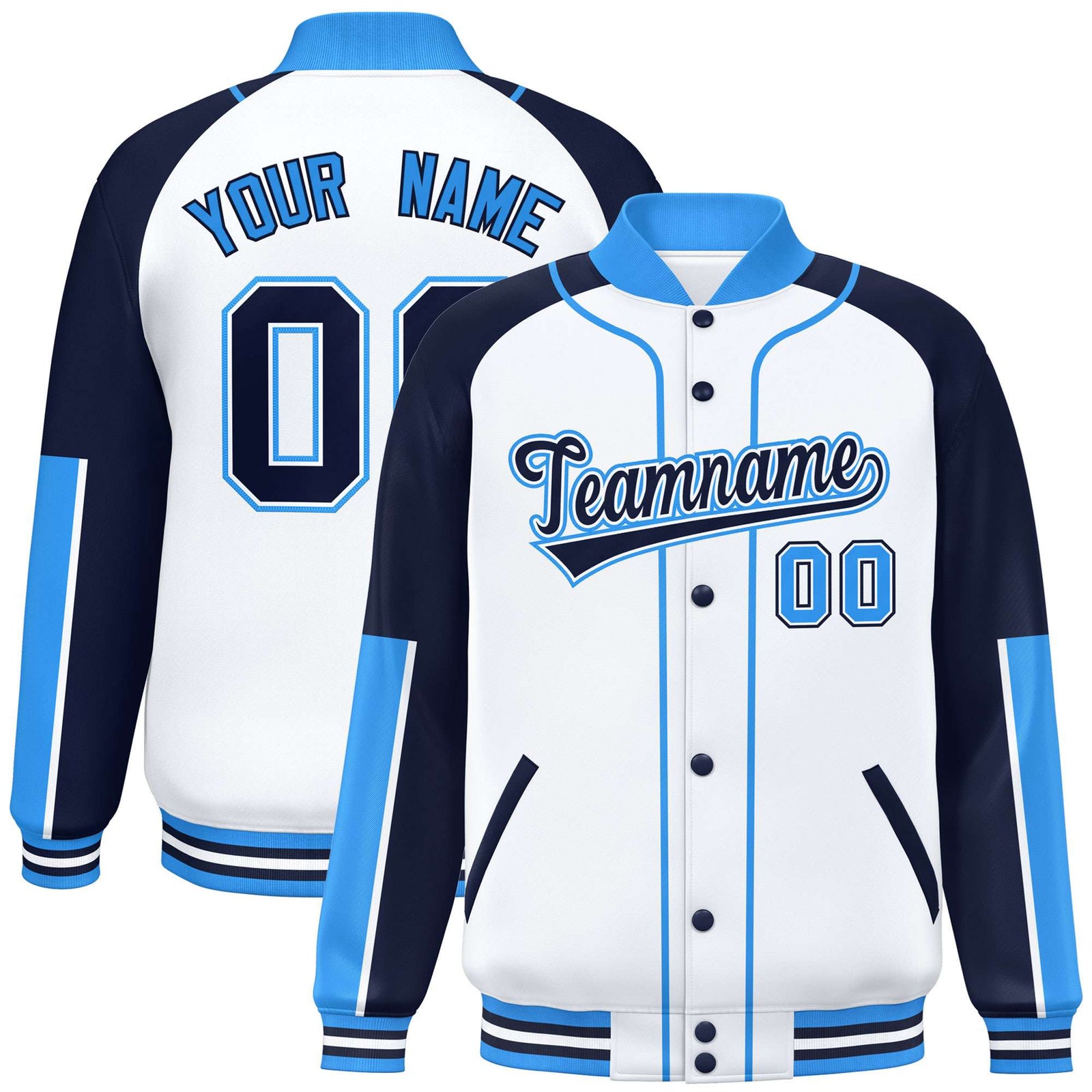 Custom White Navy-Powder Blue Varsity Full-Snap Color Block Letterman Jacket