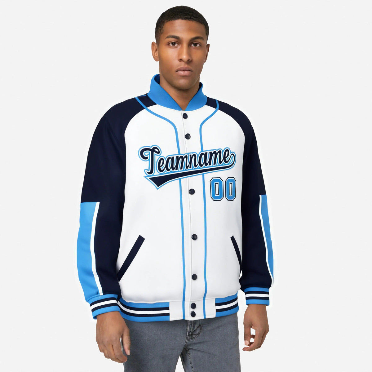 Custom White Navy-Powder Blue Varsity Full-Snap Color Block Letterman Jacket