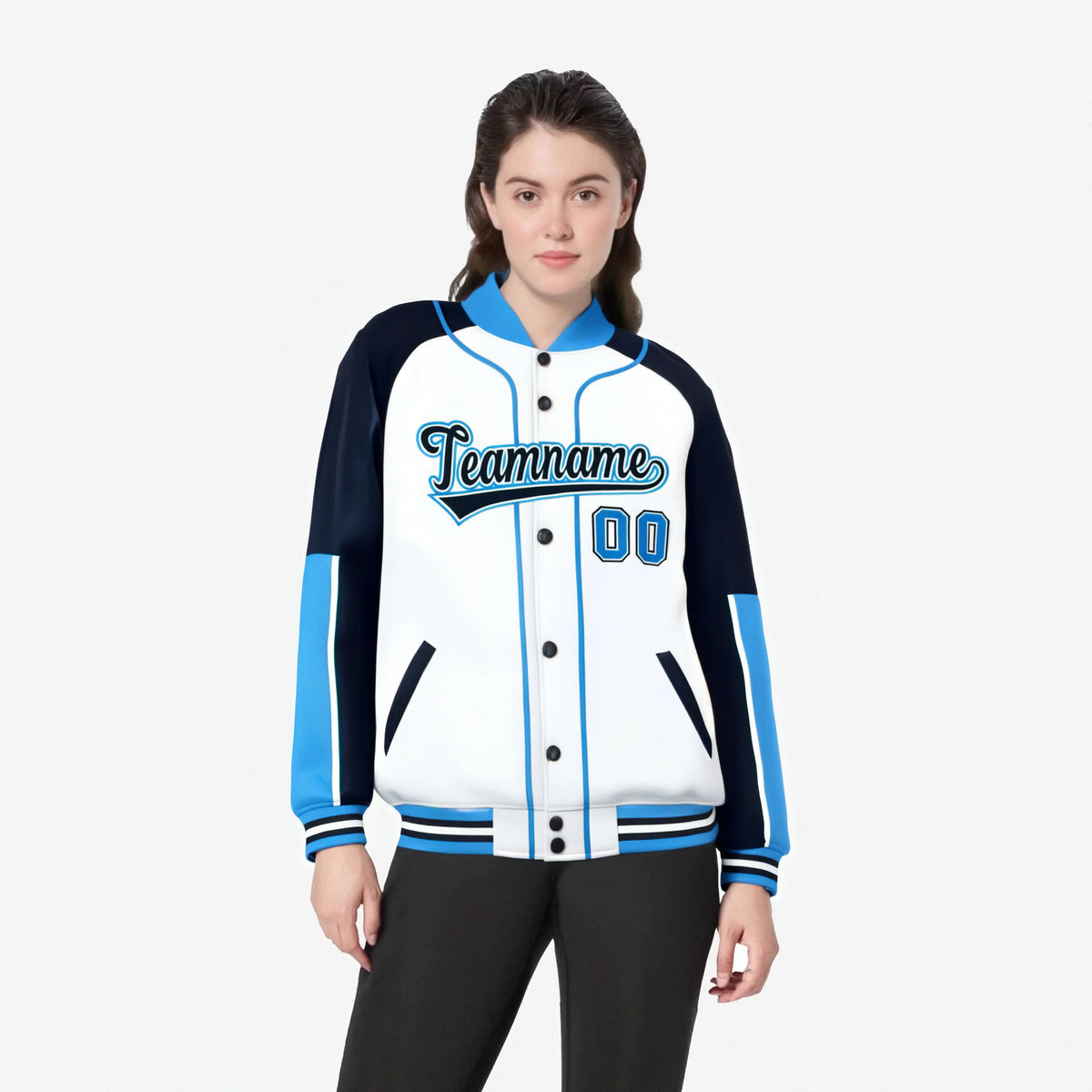 Custom White Navy-Powder Blue Varsity Full-Snap Color Block Letterman Jacket
