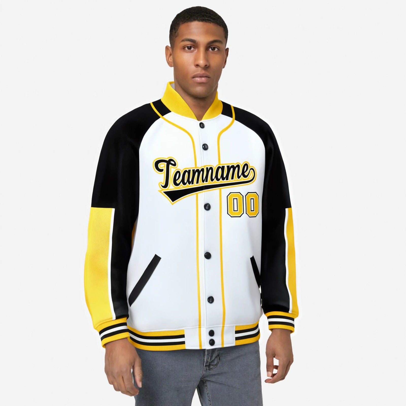 Custom White Black-Gold Varsity Full-Snap Color Block Letterman Jacket