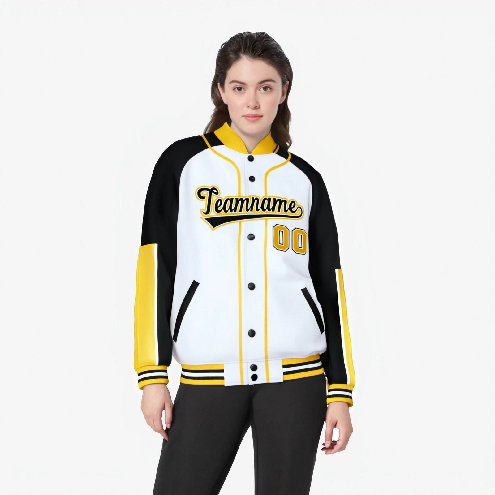 Custom White Black-Gold Varsity Full-Snap Color Block Letterman Jacket
