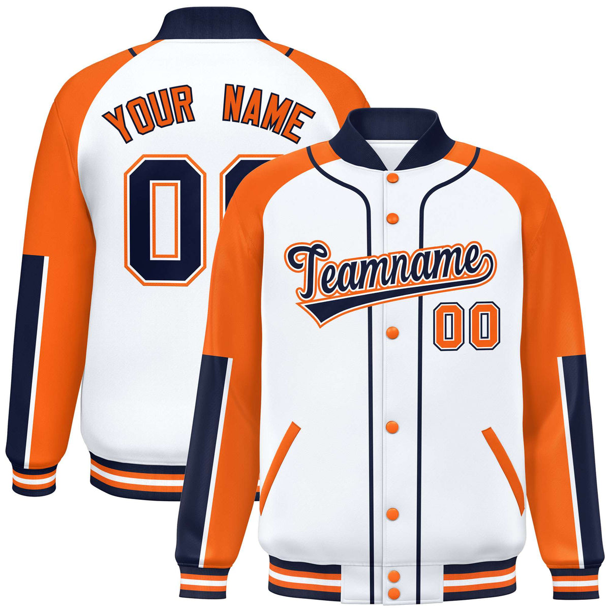 Custom White Orange-Navy Varsity Full-Snap Color Block Letterman Jacket