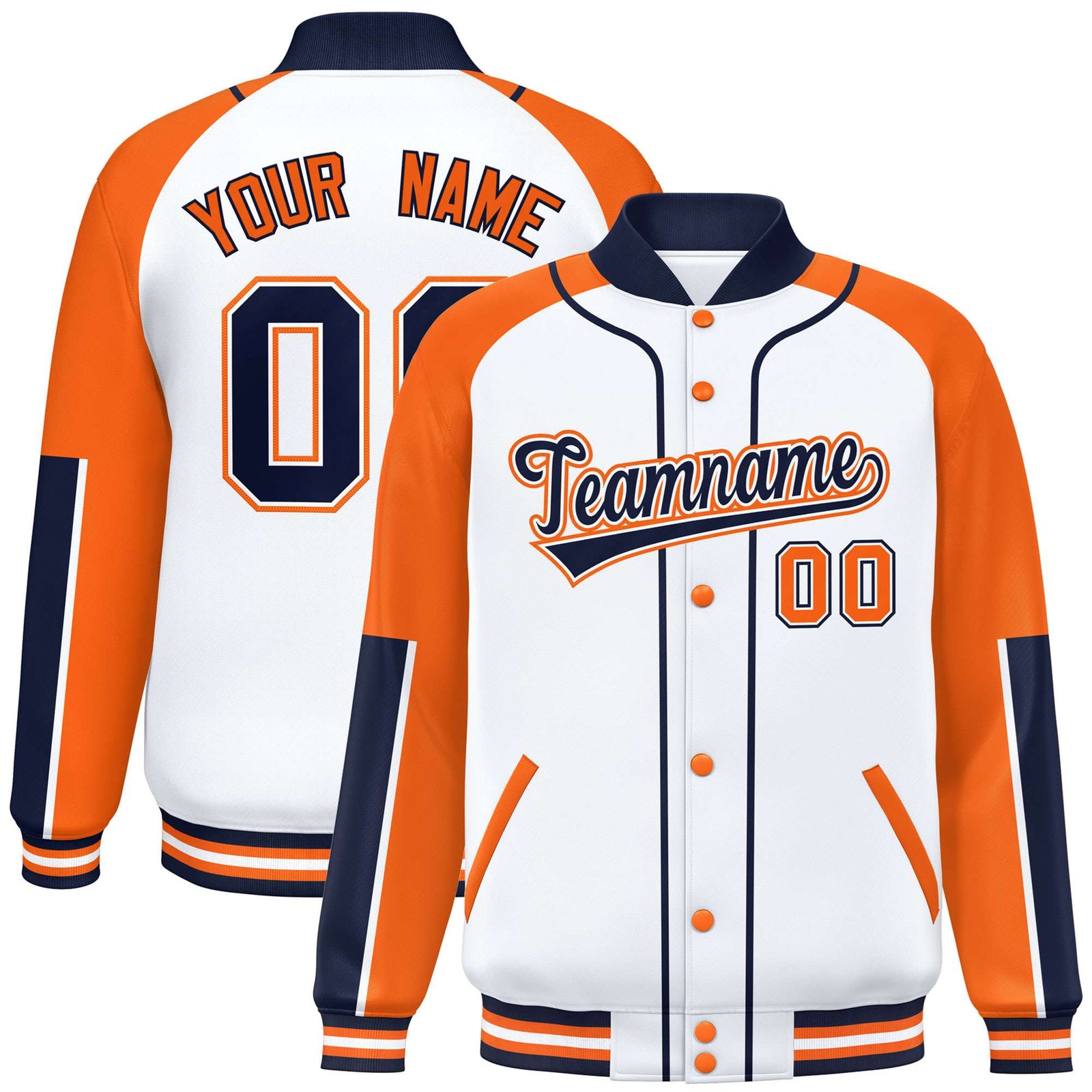 Custom White Orange-Navy Varsity Full-Snap Color Block Letterman Jacket