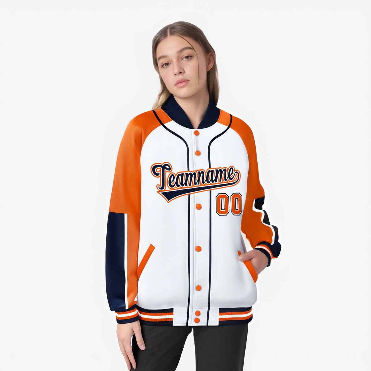 Custom White Orange-Navy Varsity Full-Snap Color Block Letterman Jacket