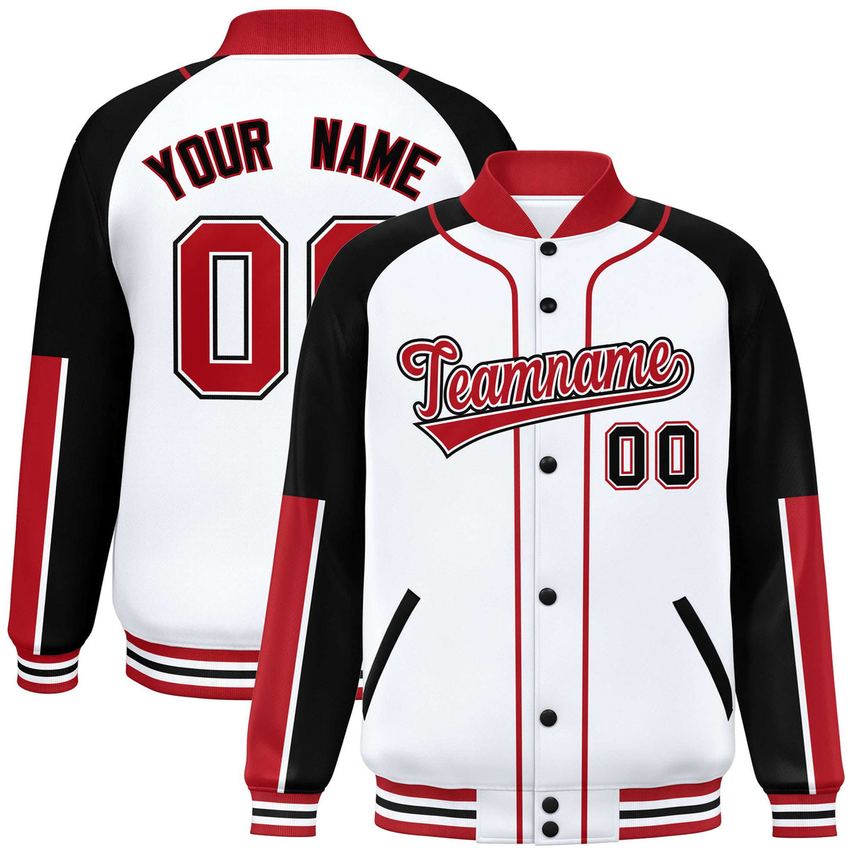 Custom White Black-Red Varsity Full-Snap Color Block Letterman Jacket
