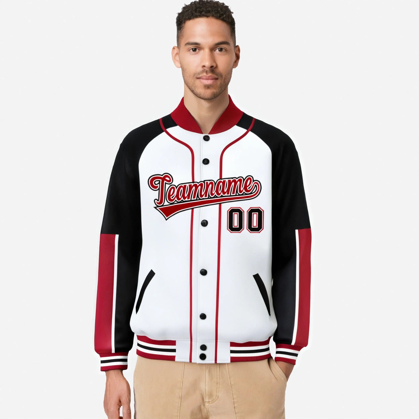 Custom White Black-Red Varsity Full-Snap Color Block Letterman Jacket
