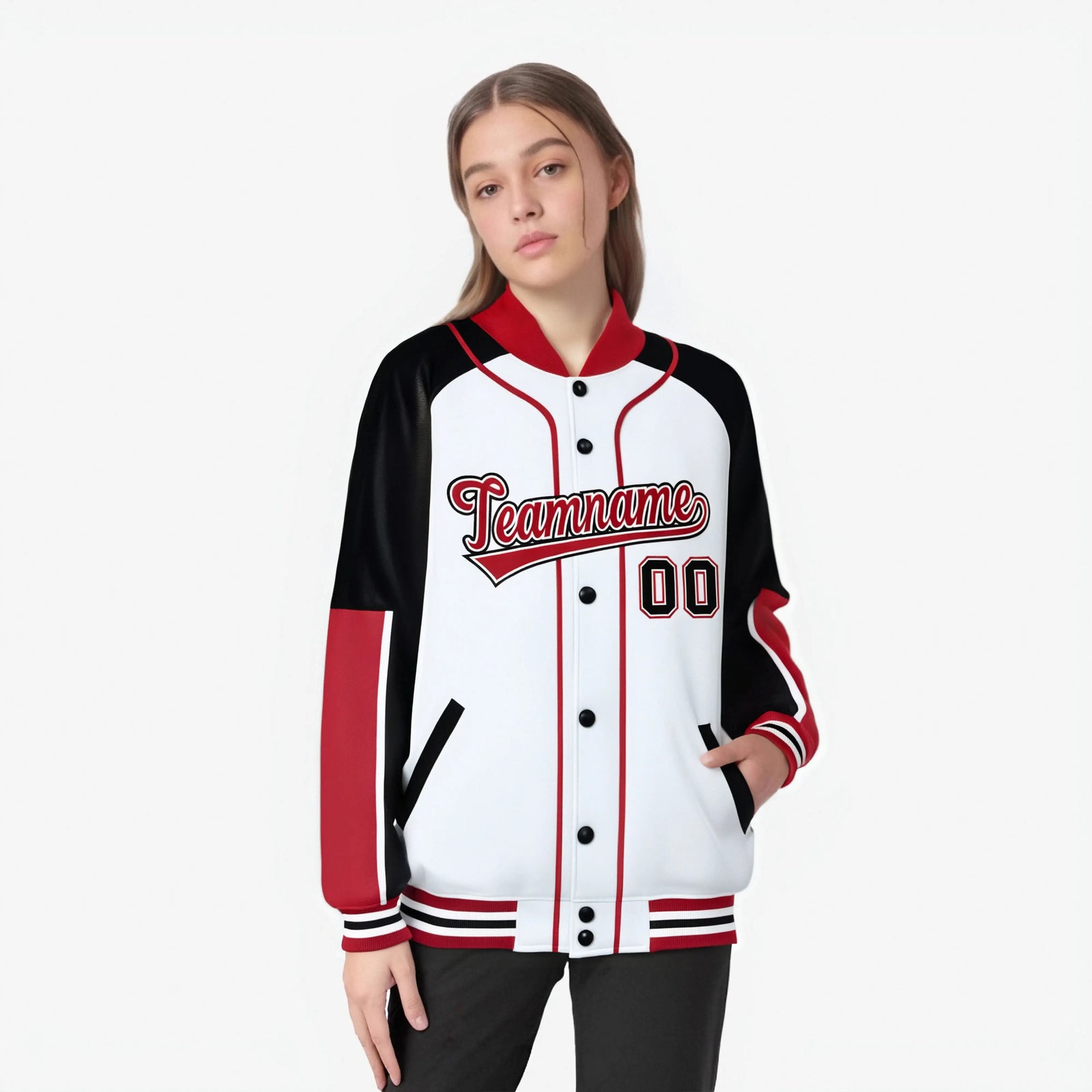 Custom White Black-Red Varsity Full-Snap Color Block Letterman Jacket