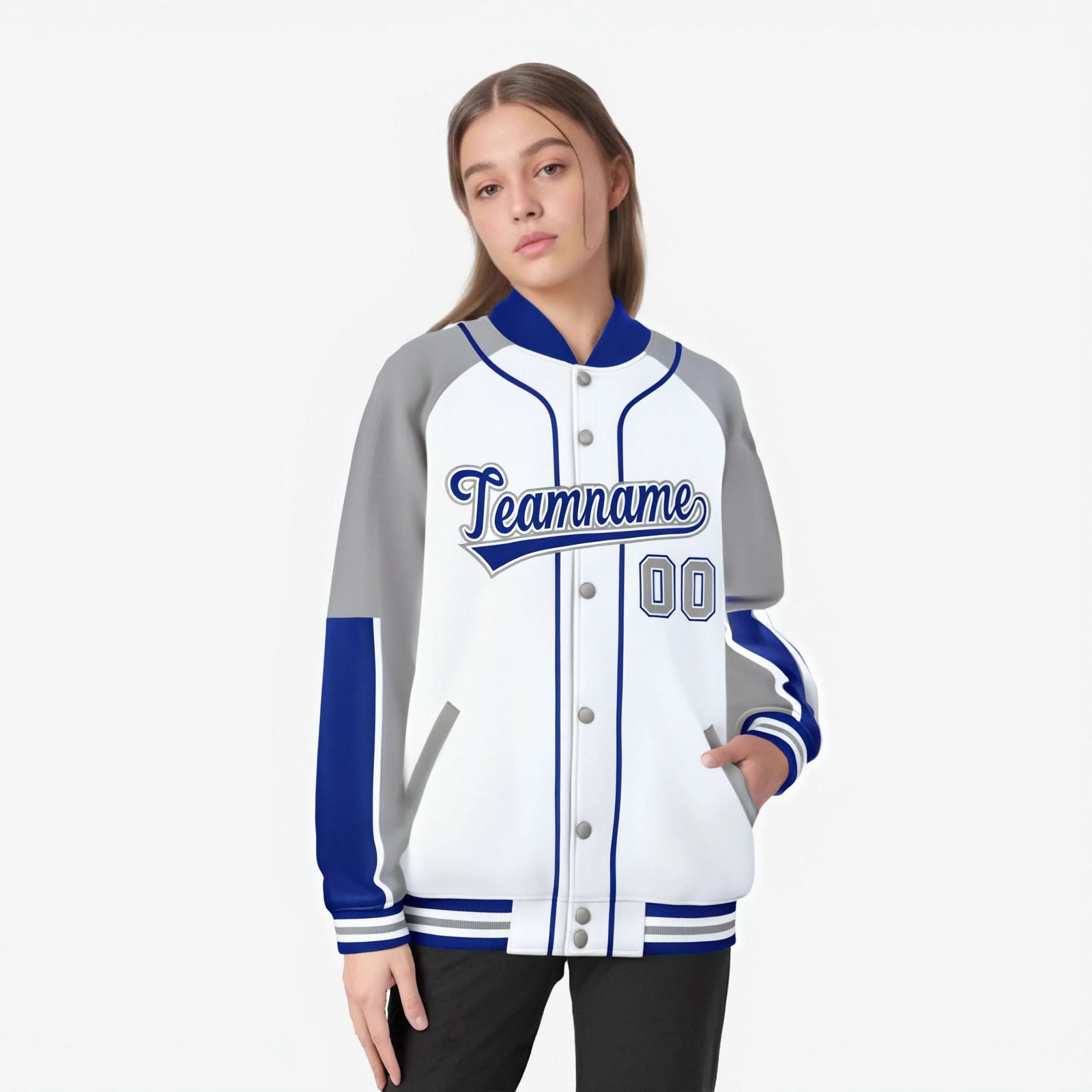 Custom White Gray-Royal Blue Varsity Full-Snap Color Block Letterman Jacket